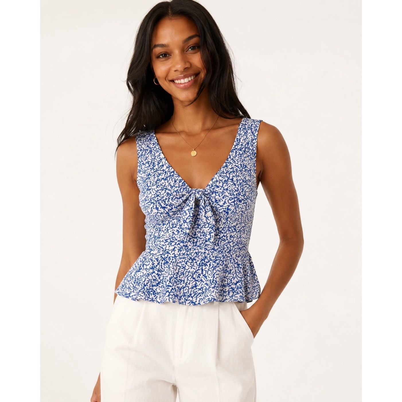 Gianni Bini Floral Peplum Tank Bow Top Coquette Cottagecore Summer Blue Size 4