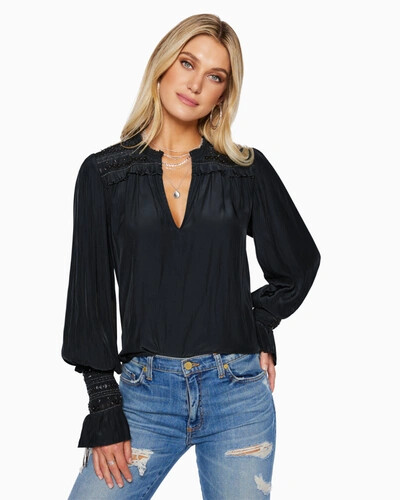 RAMY BROOK Embellished Cooper V Neck Ruffle Blouse In Black XXS $345
