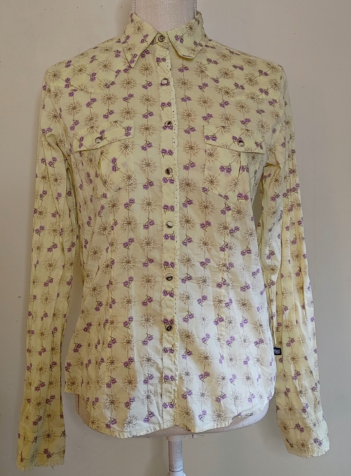 Cruel Girl Western Cowgirl Shirt Pearl Snap Womens M Yellow Lace Trim