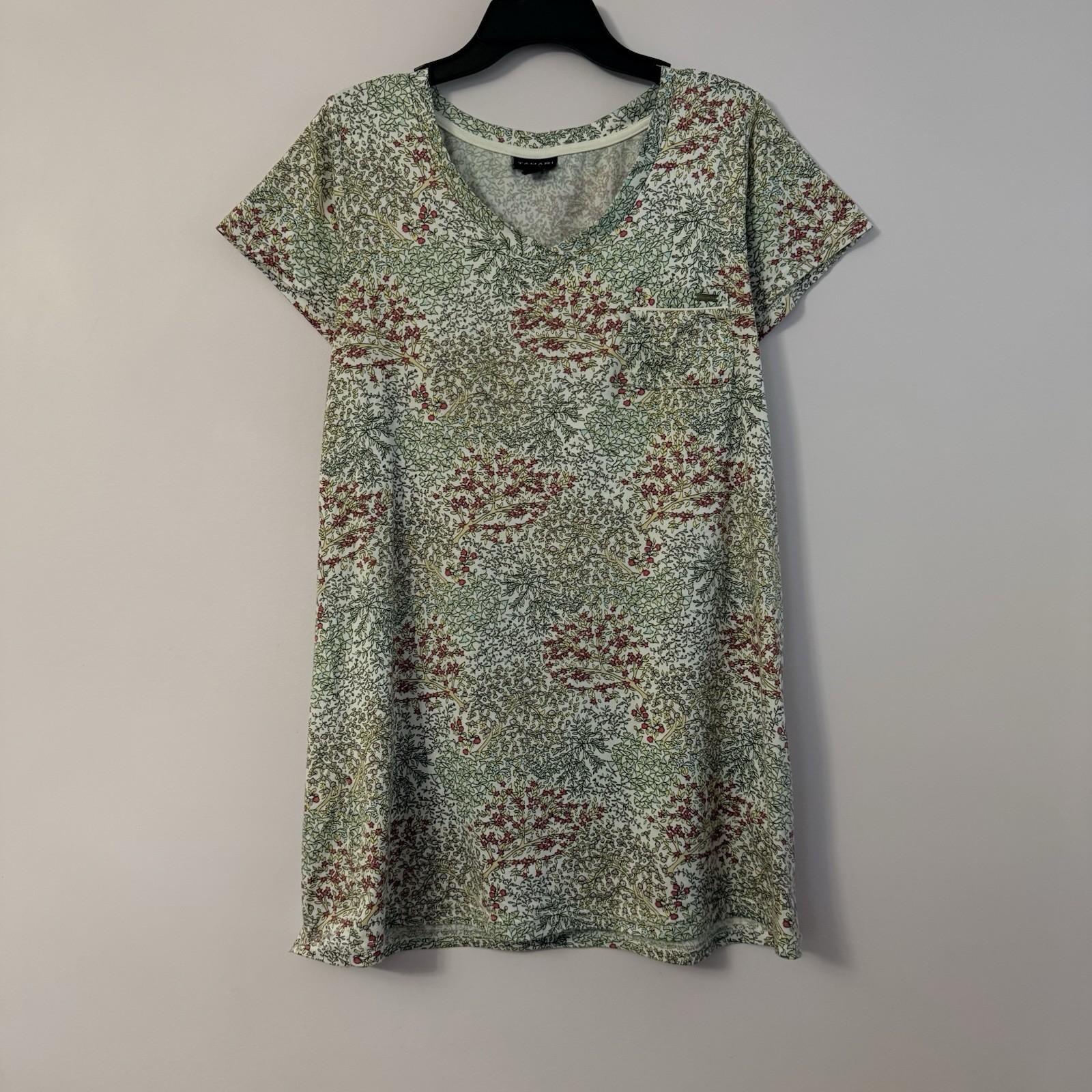Tahari Green Floral V-Neck Short Sleeve Knit Pocket Stretch Pullover T-Shirt