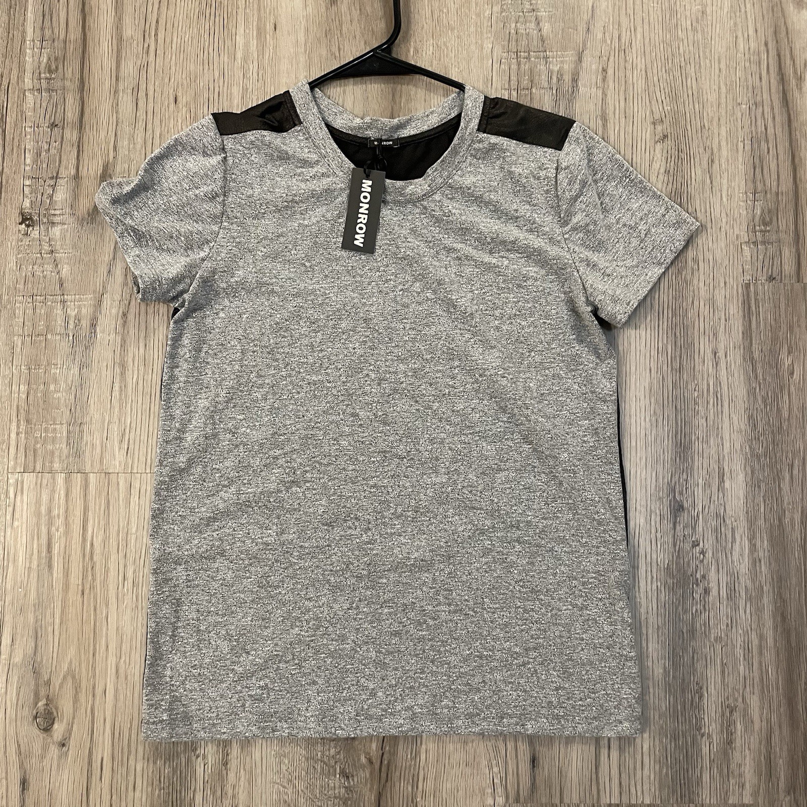 NWT $96 Monrow Half & Half Tee T-shirt Top Gray Heather Black Faux Leather Sz M