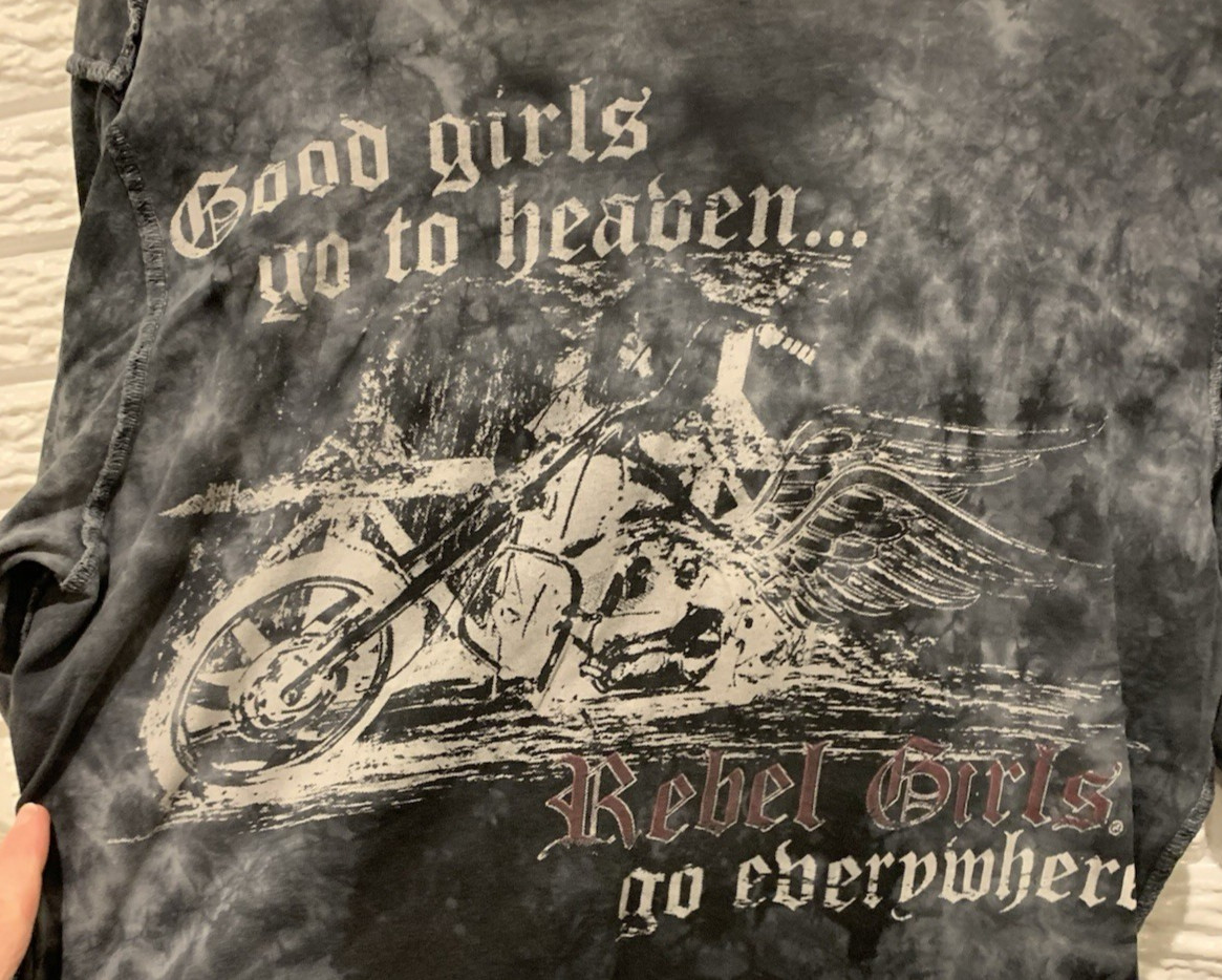 Rebel Girl Motorcycle T-Shirt Black Tie-Dye Style Women’s Size Large Long Sleeve