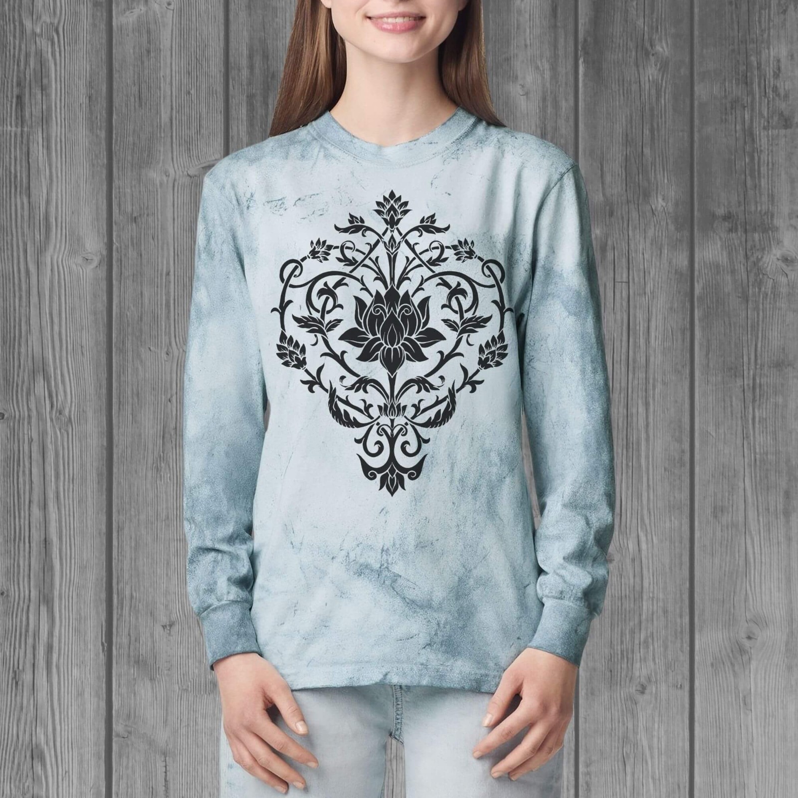 Floral Lotus Blue Tie Dye Long Sleeve Shirt Women | 100% Cotton Comfort Colors