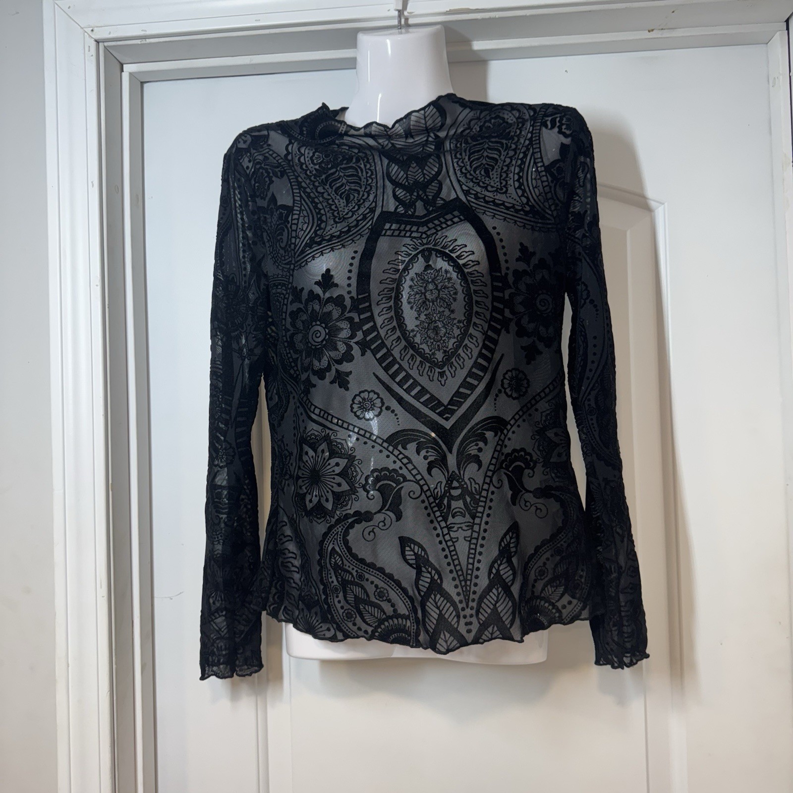 Y2K Sheer Lace Top Sz M Black Paisley Mesh Whimsigoth Dark Fairy Grunge Romantic