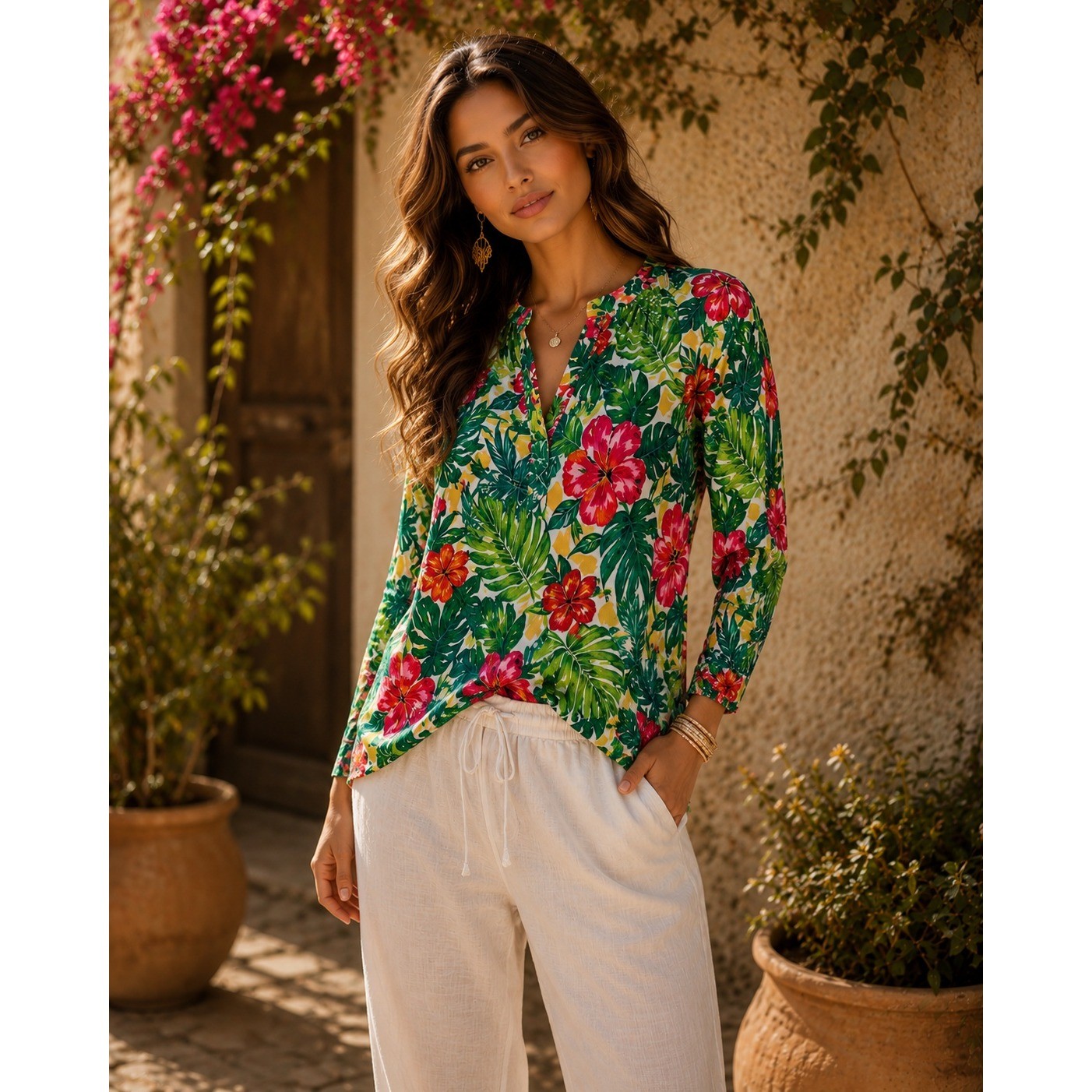Art & Sol Tropical Floral Hibiscus Palm Print 3/4 Sleeve Top XL New
