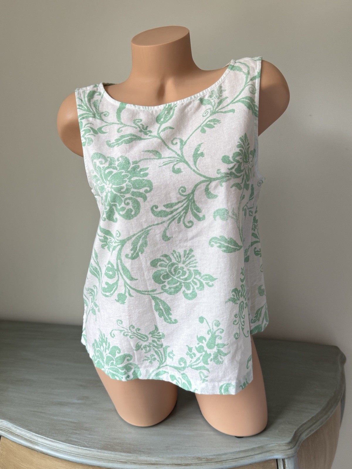 Lucky Brand NWT M Tank Top White Mint Green Floral Cotton Gauze Euro Coastal