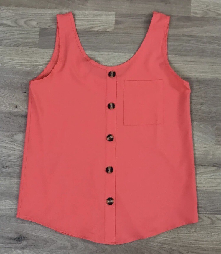 Sleeveless Blouse Ladies Size Medium Orange Button Front Side Pocket Round Neck