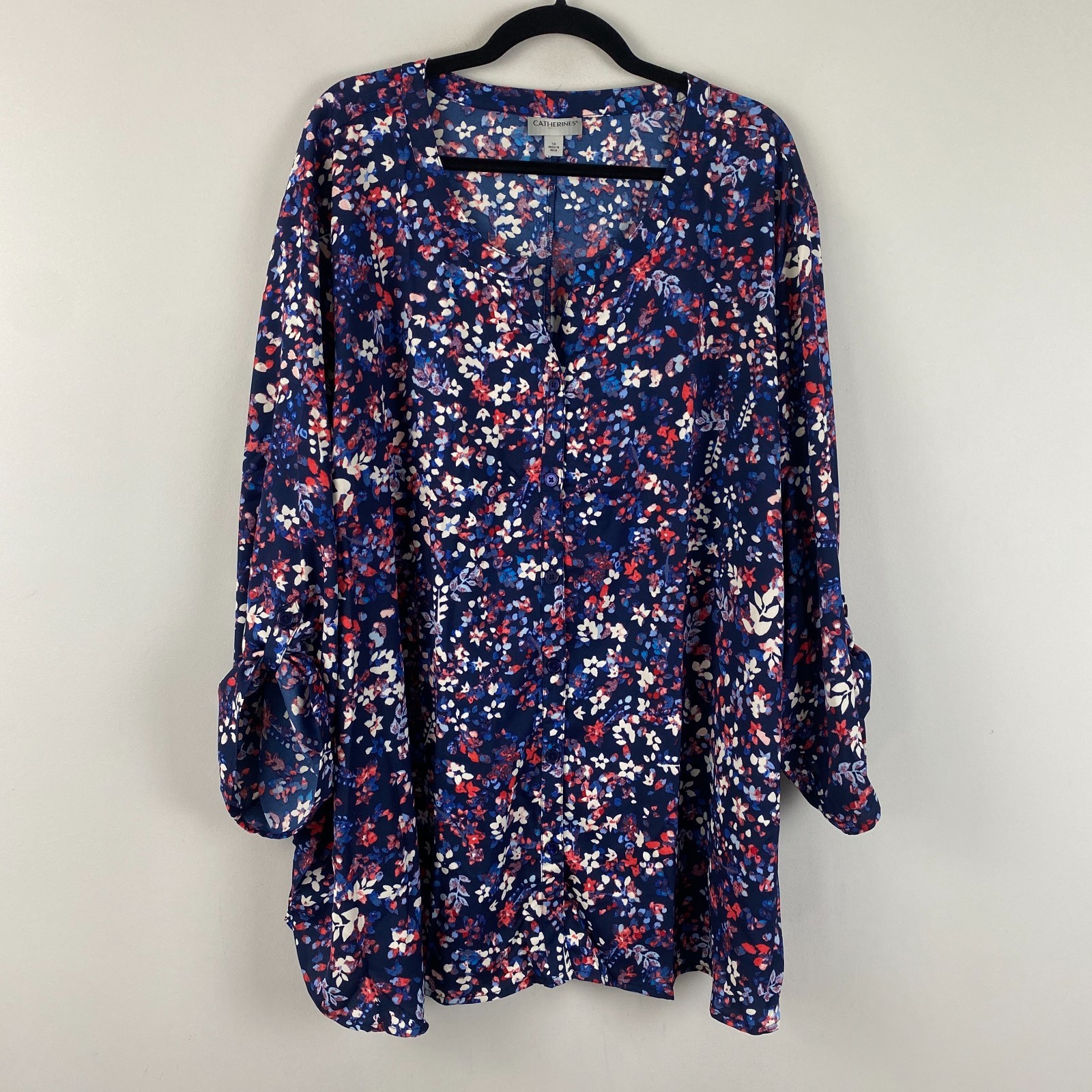 Catherines Breezeway Georgette Blouse Size 5X Blue Floral Button Up 3/4 Sleeves