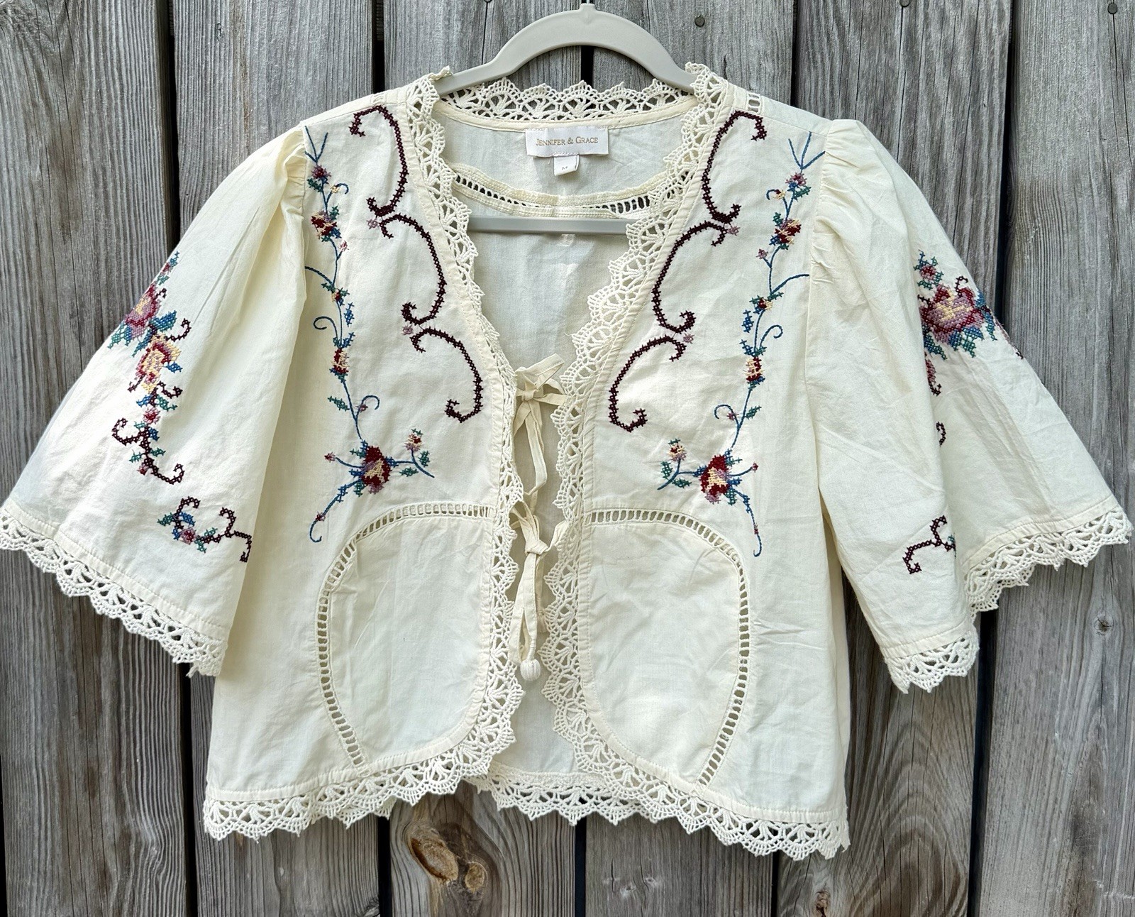 Jennifer & Grace Embroidered Lace Crochet Kimono Top Ivory Boho Prairie Womens M