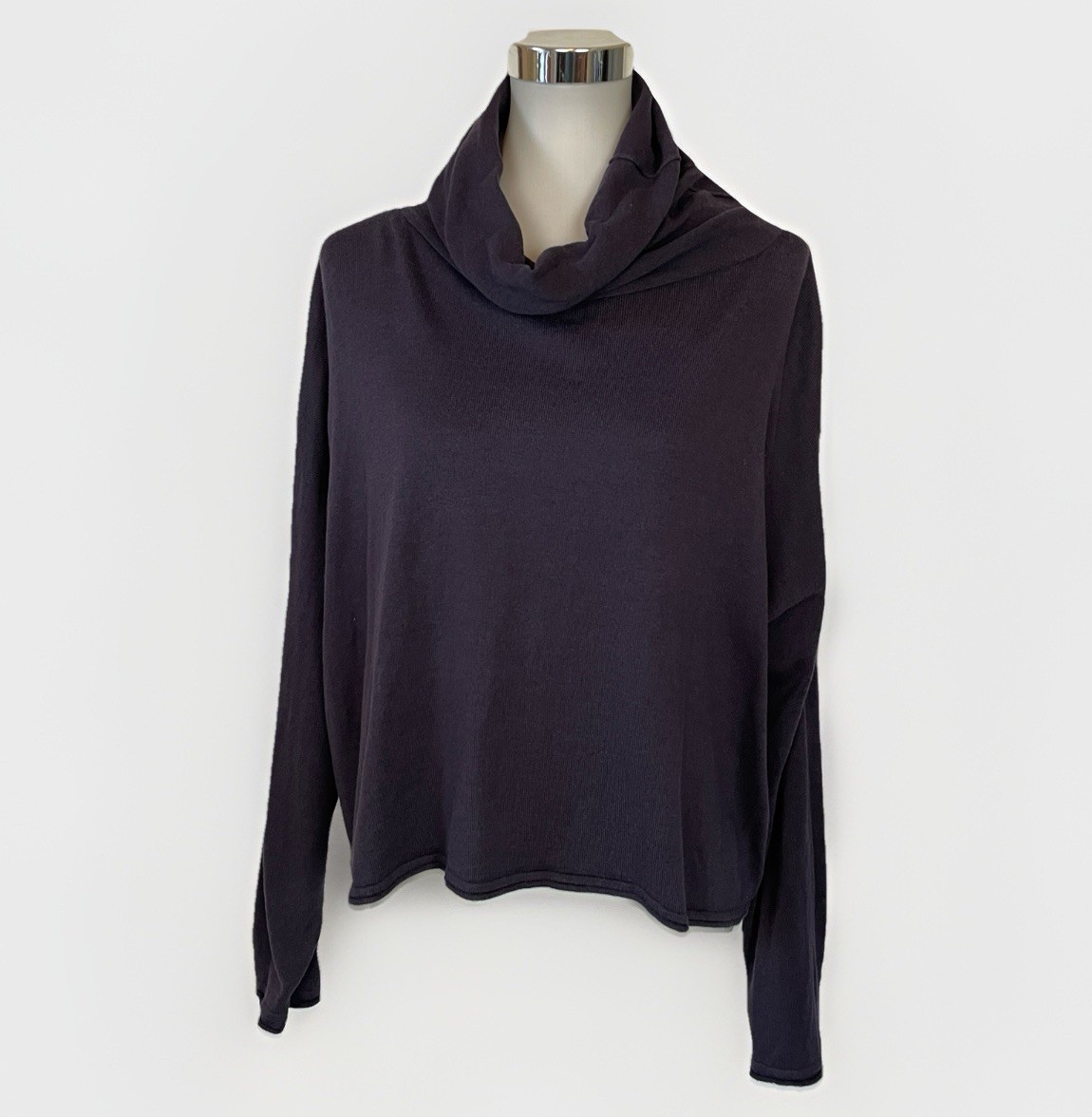 Planet By Lauren G One Size Cowl Neck Top Steely Gray Blue Pima Blend Knit