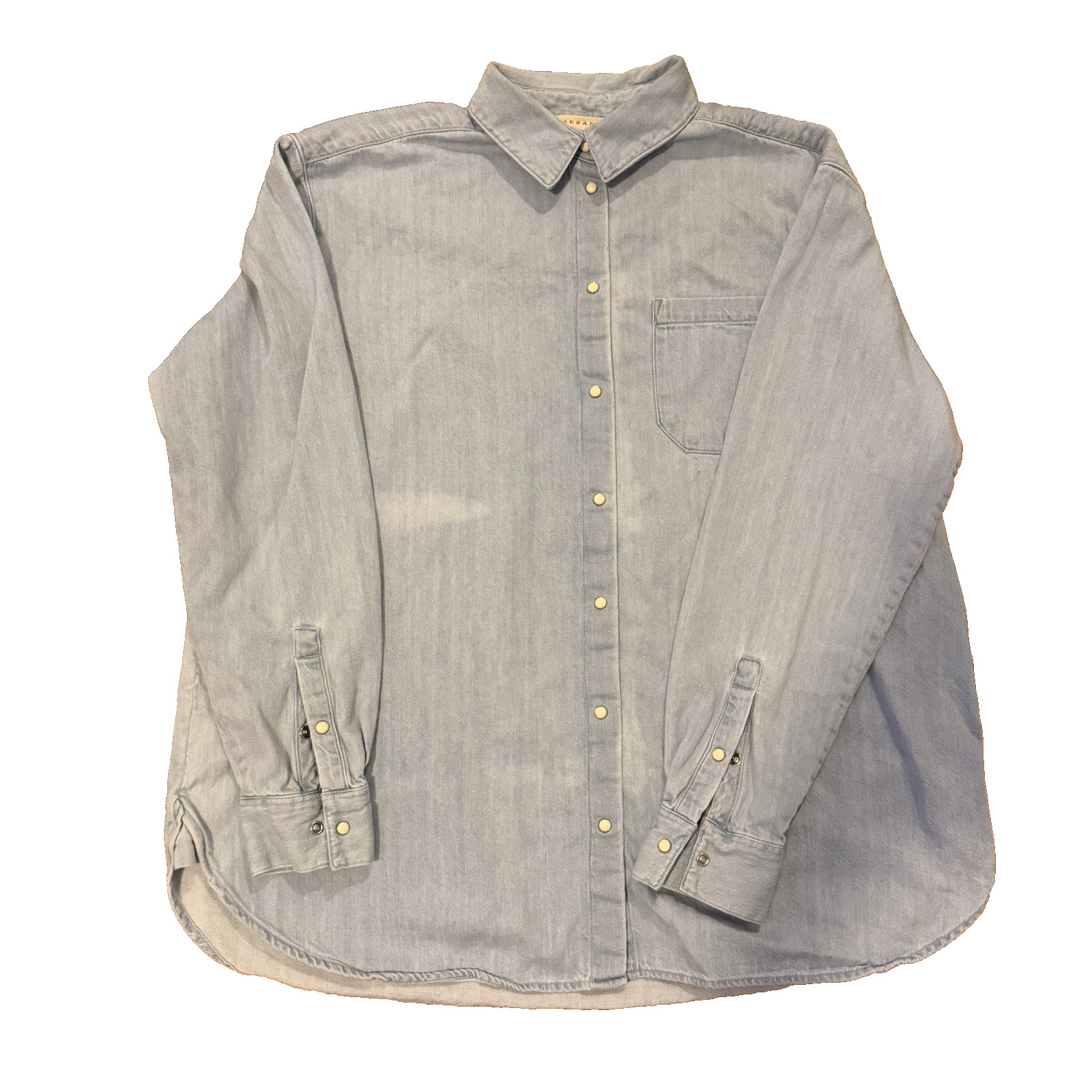 Sézane Light Wash Denim Snap Button Shirt FR 34 US 2 XS Bleach Stained DIY AS-IS