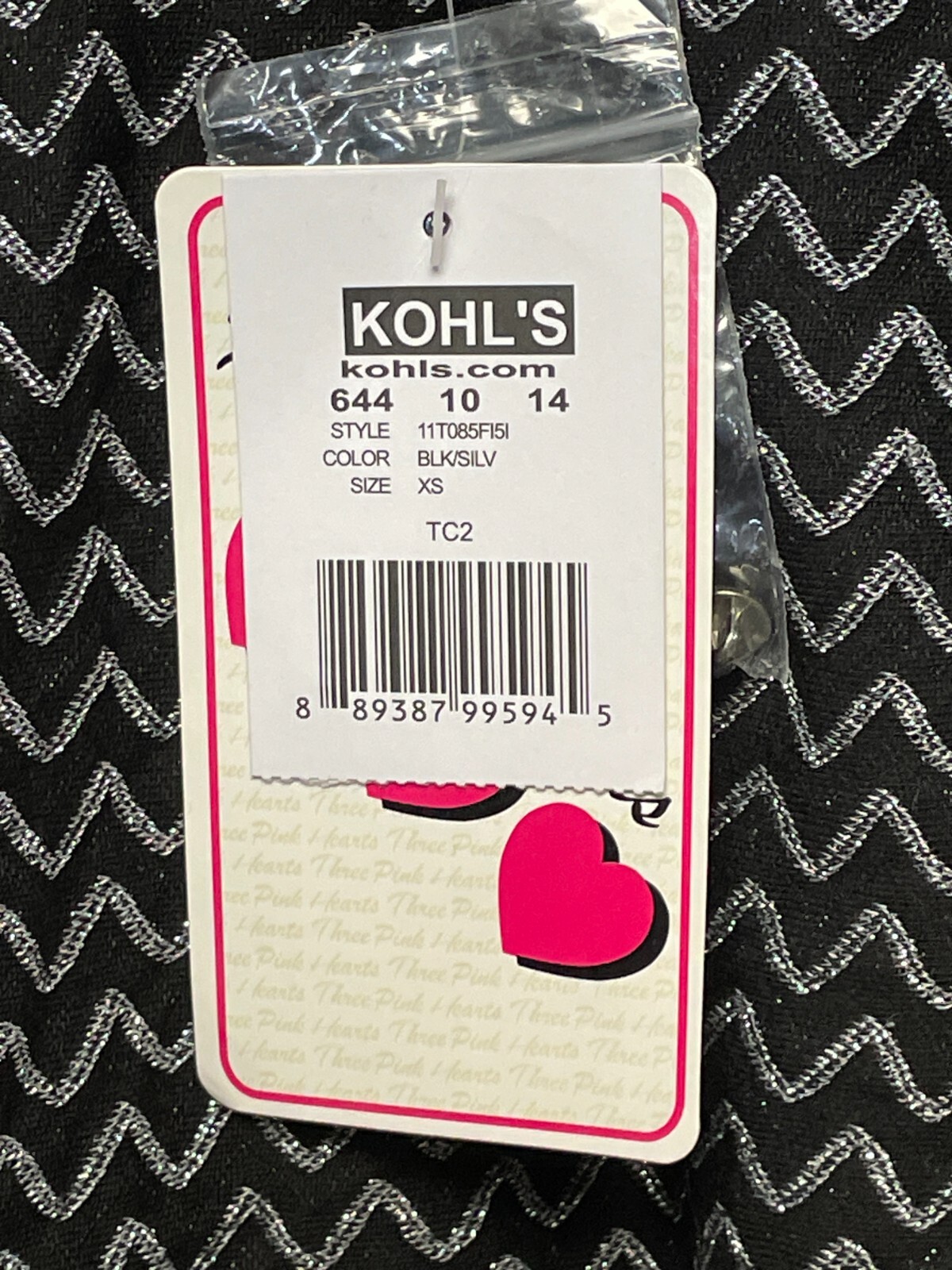 Three Pink Hearts Top XS Womens Black Silver Long Sleeve Lined Blouse