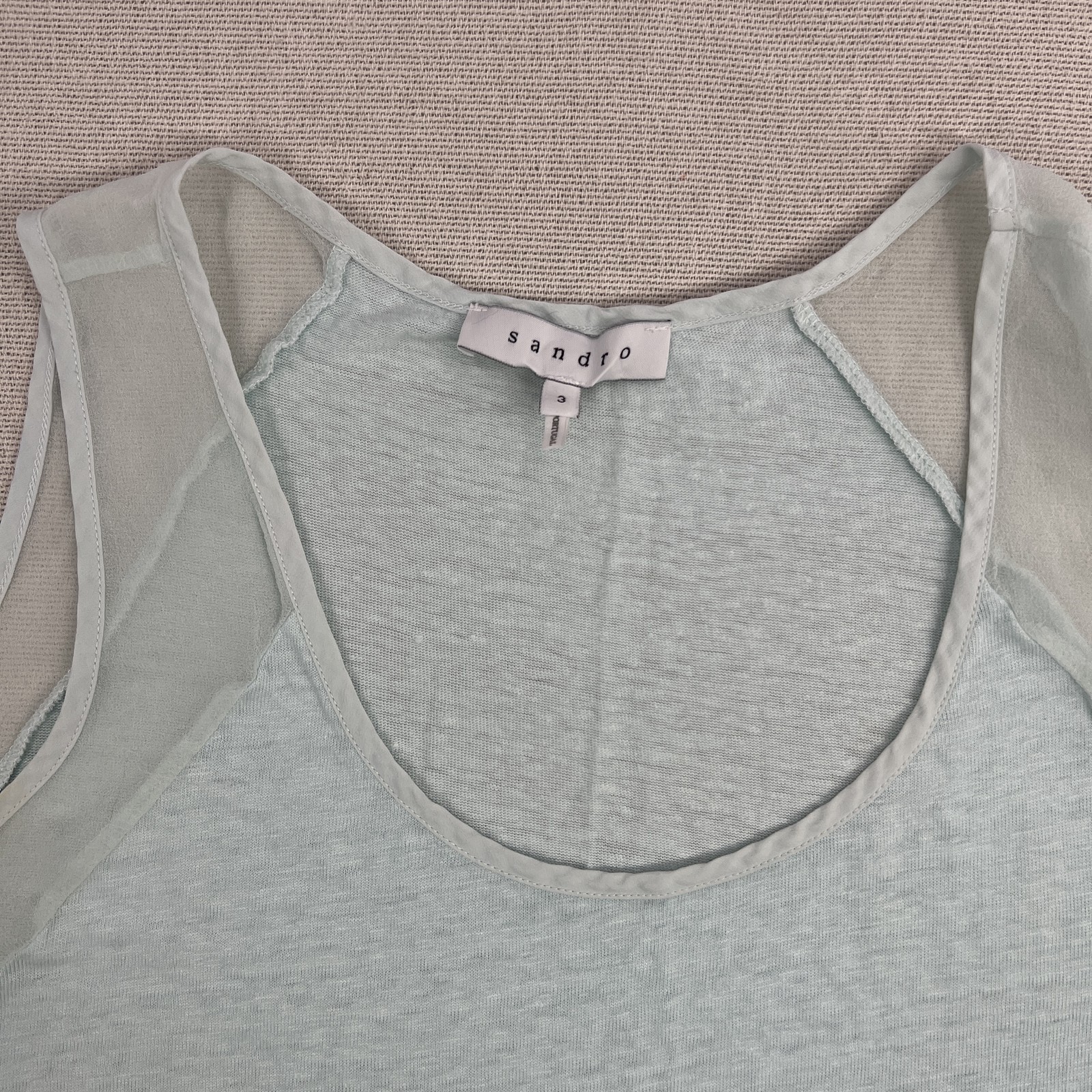 Sandro Tank Top Womens Large Light Blue Sheer Silk Trim Linen Sleeveless Blouse