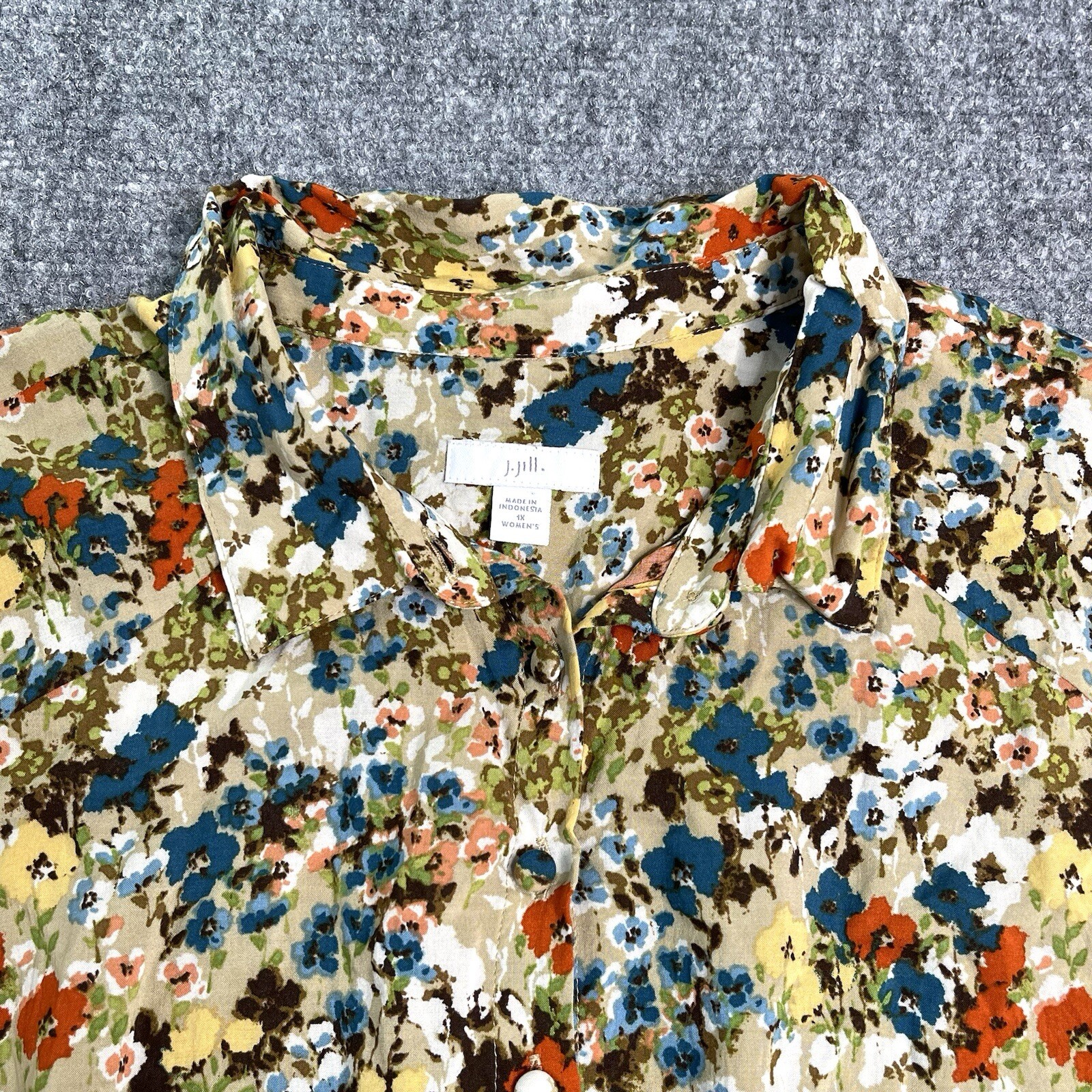 J Jill Top Womens 1X Ditzy Floral Covered Button Front Removable Tie Blouse