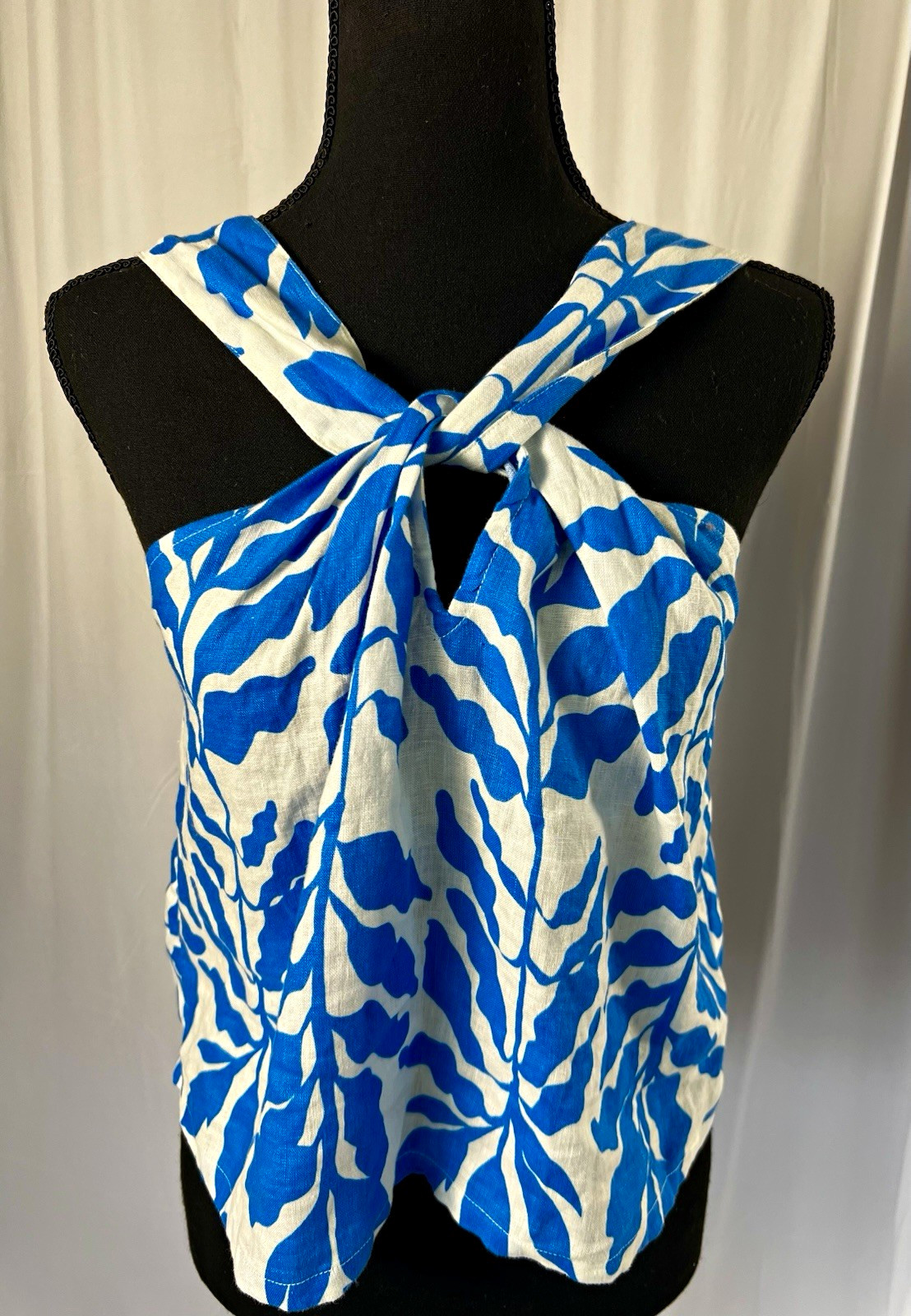 Rachel Zoe Blue/White Floral Linen Square Neck Tie-Front Tank Top Women’s M