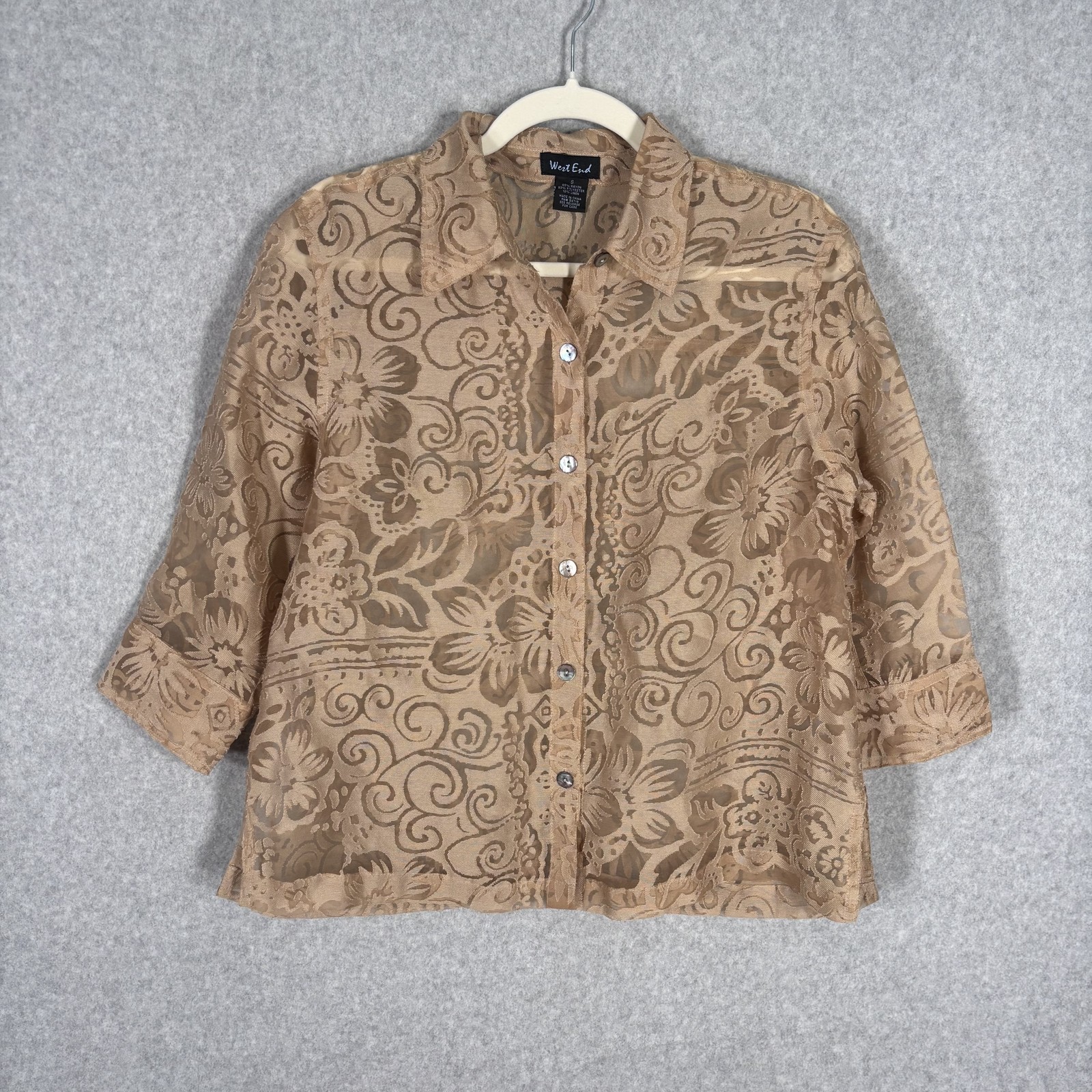 West End Blouse Small Tan Sheer Floral Linen Neutrals Cover Up Artsy Festival