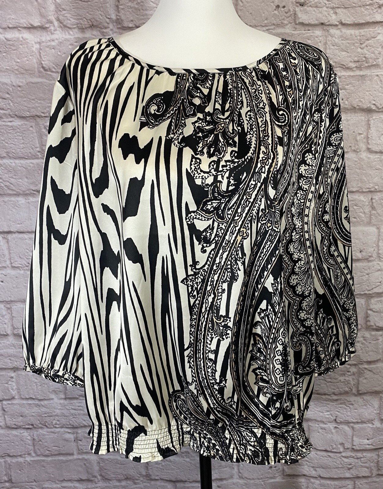 CHICOS 3 XL Blouson Top Satin Floral Scroll Print Ivory Black Tan Shirt EUC