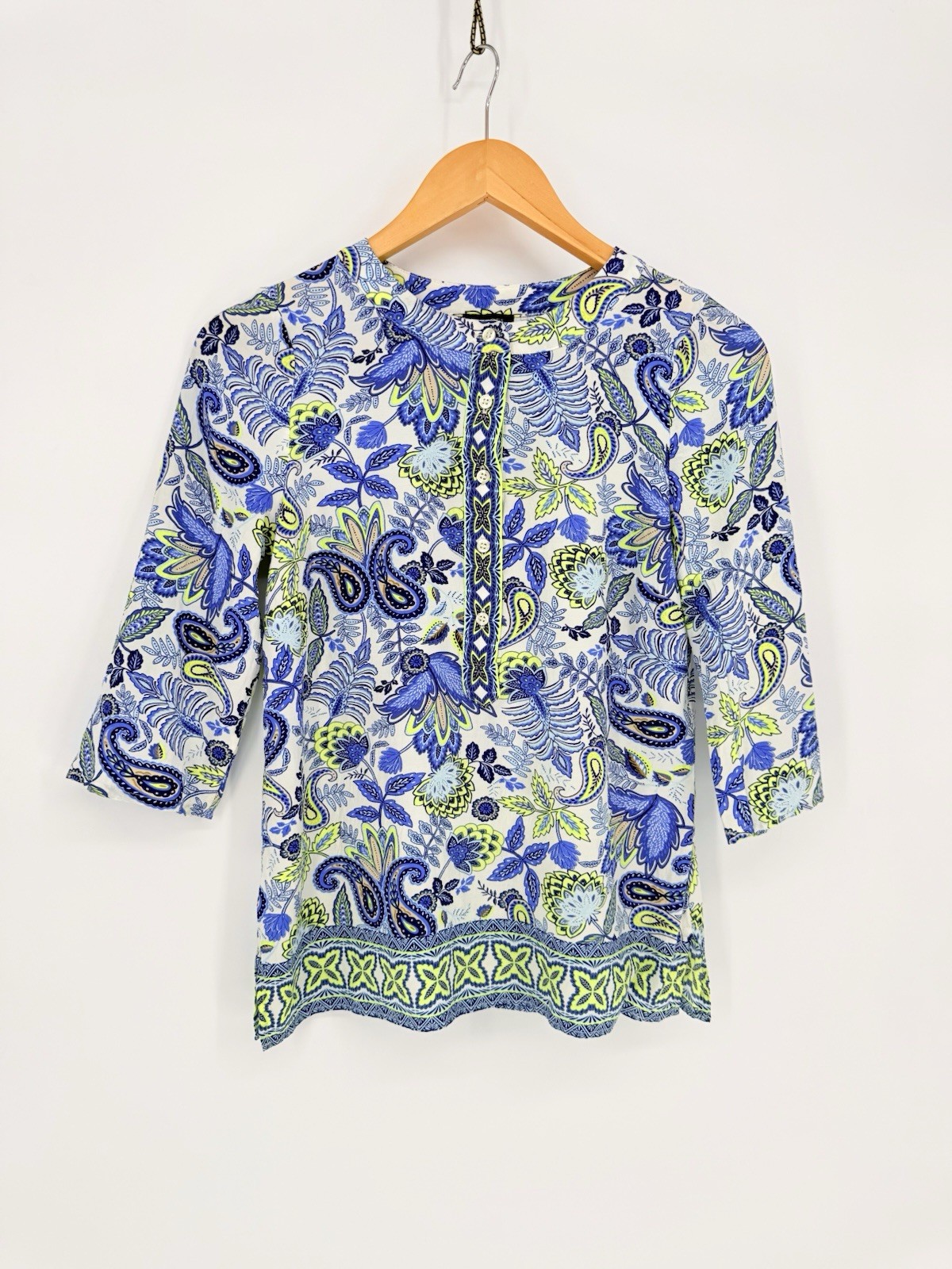 Talbots Viscose Paisley Tunic Top S Small Blue Lime Floral Boho Cottagecore