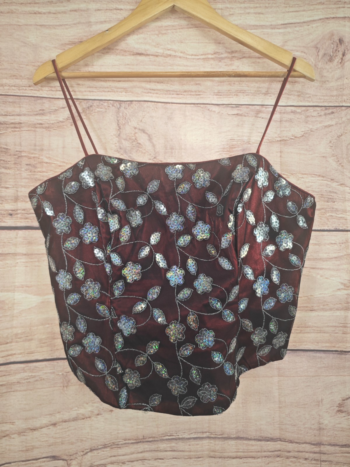 YVE Burgundy Sequinned Boned Bustier Top with Spaghetti Straps 40″ Bust