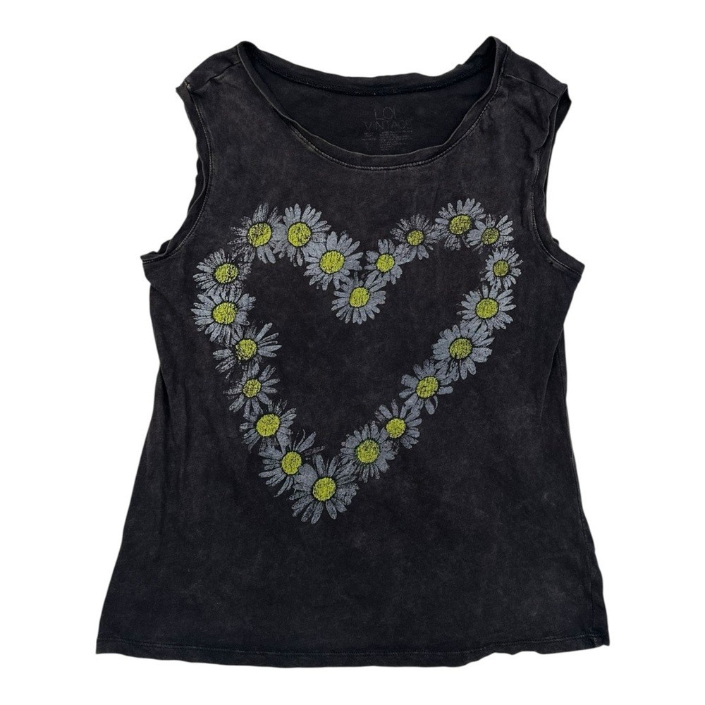 L.O.L. Vintage Charcoal Tank Daisy Floral Heart – Size Large