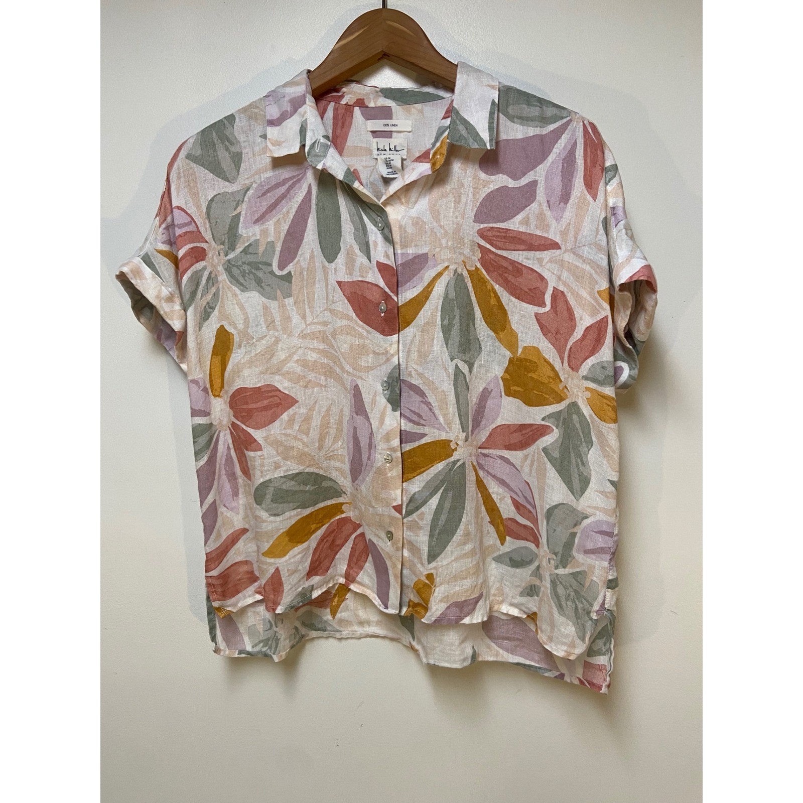 Nicole Miller Linen Button Down Shirt Womens Medium Multicolor Tropical Floral