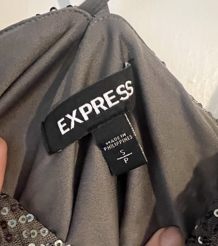 Express Gray Sequin Sheer Mesh V-Neck Spaghetti Strap Cami Tank Top S