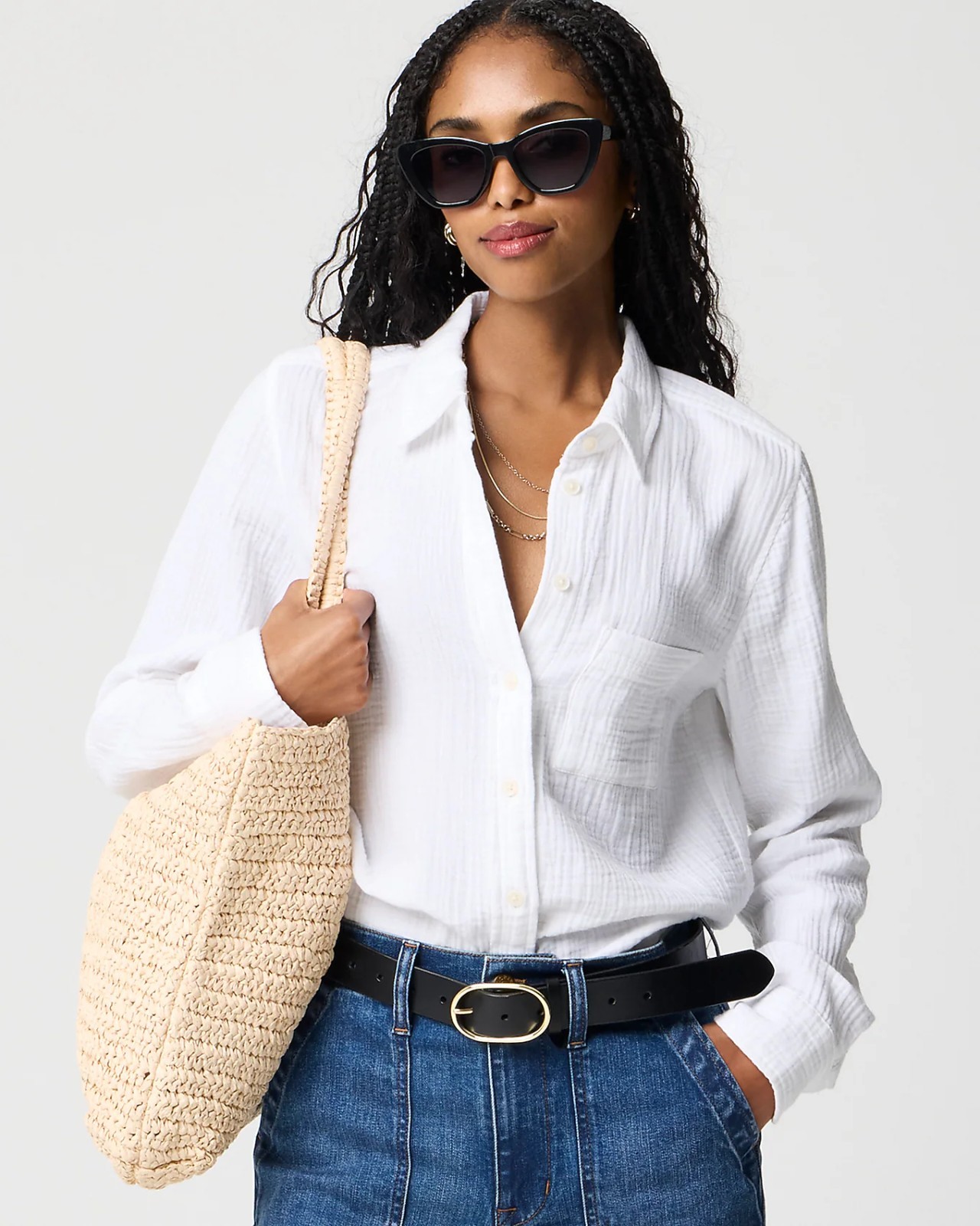 J.CREW Solid White Woven Cotton Collared Button-Up Long Sleeve Women M Regular