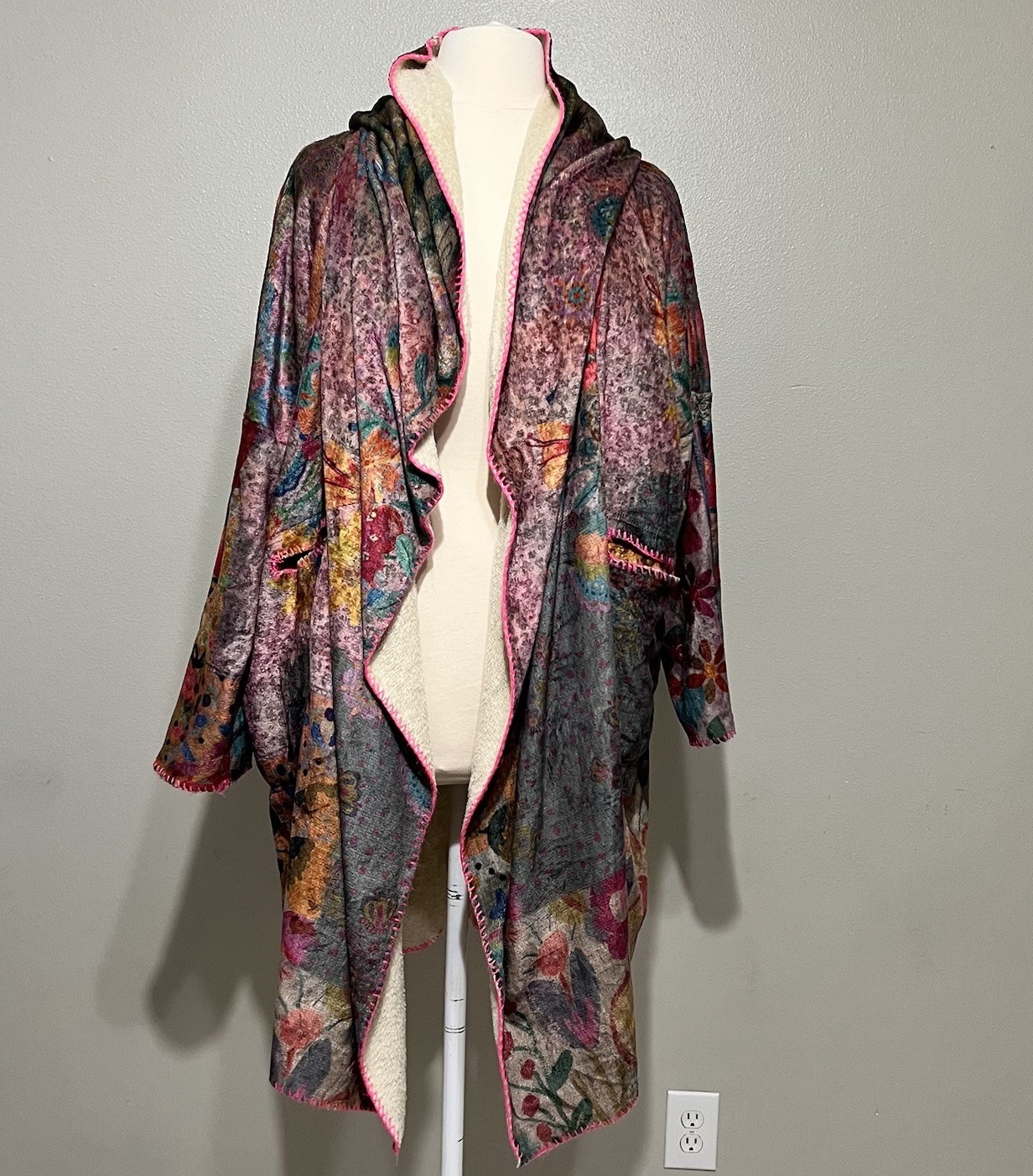 Natural Life Hooded Floral Blanket Kimono L/XL Robe Coat w/Pockets Cozy Boho