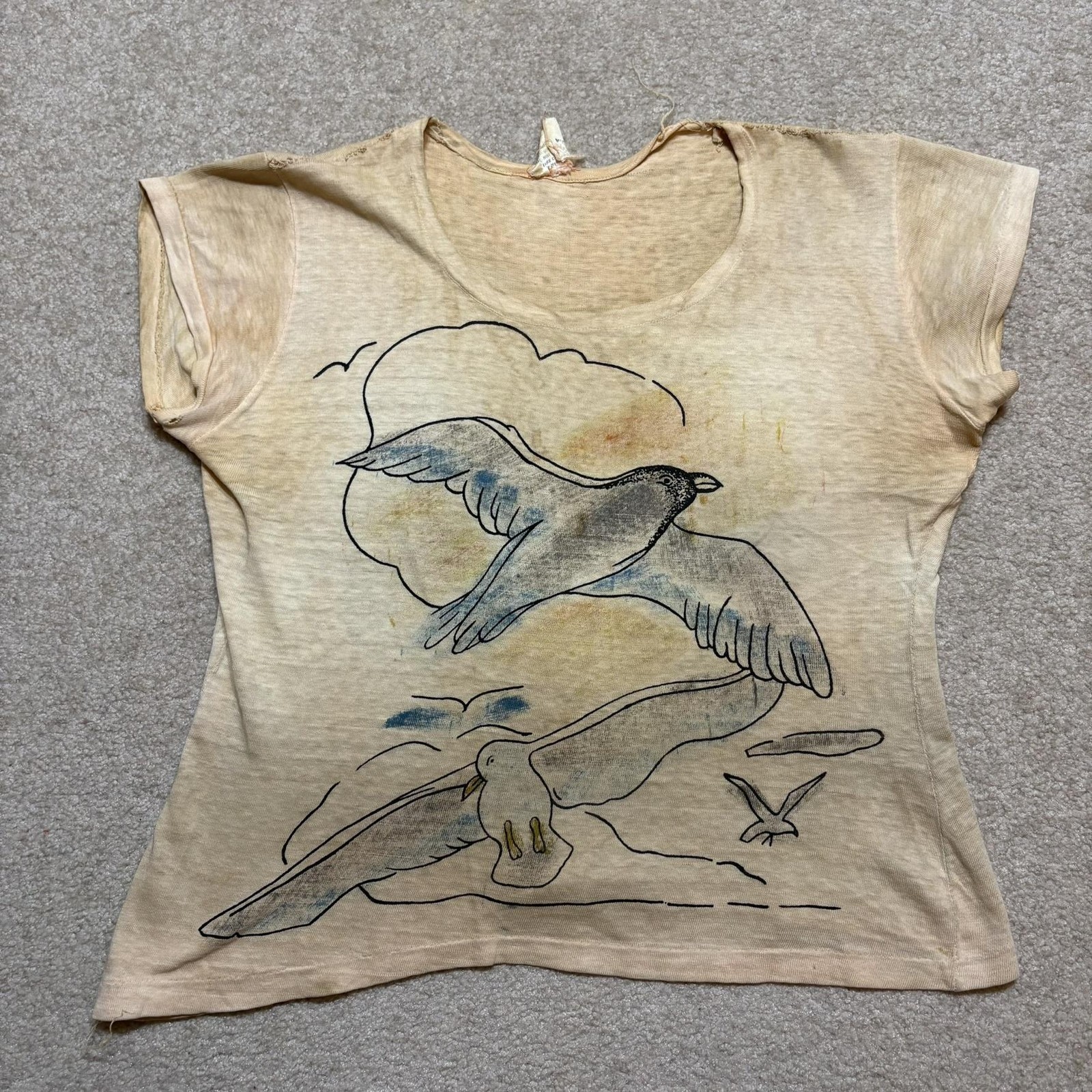 Vtg 60s 70s Seagull Souvenir T-Shirt Small Birds Art Surf Coastal Boho Beach Tee