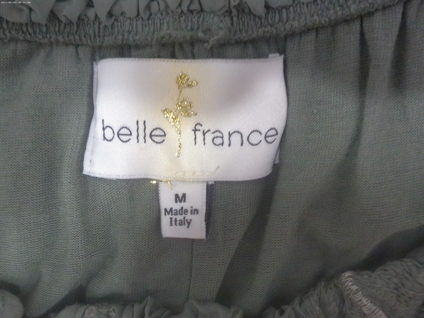 Belle France Women’s Olive Green Embroidered Tunic Blouse w/Bell Sleeves Medium