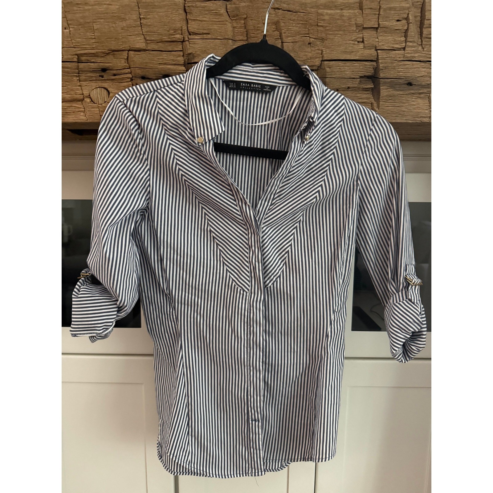 Zara Basic Navy White Striped Popover Shirt Gold Hardware Size S
