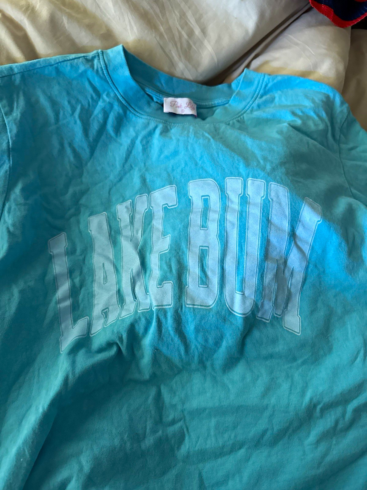 Pink Lily Lake Bum Graphic Print Blue Cotton Crew Neck Tee, Short Sleeve S