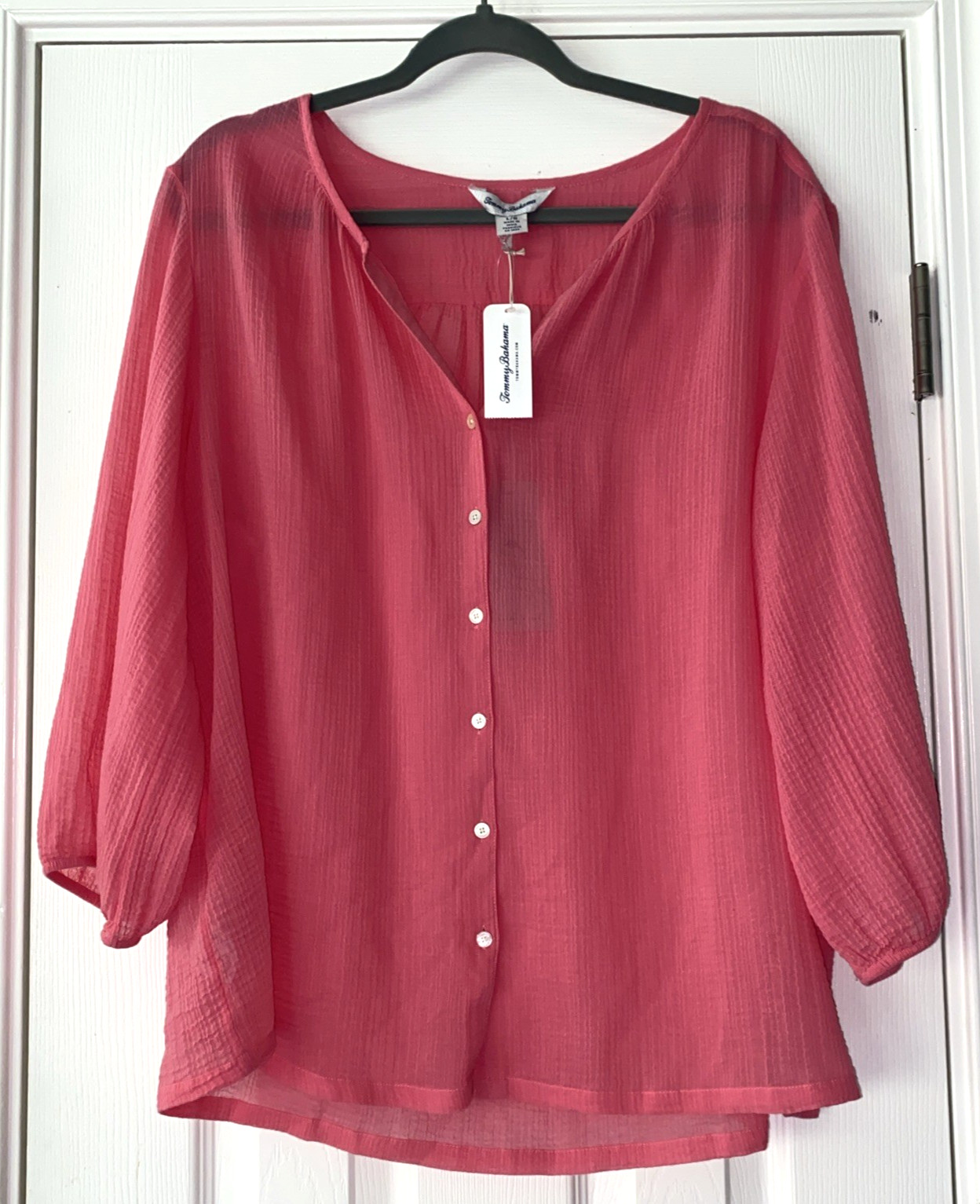 NWT Womens Tommy Bahama Lana Bay Gauze Sheer Top 3/4 Sleeve Island Large Coral