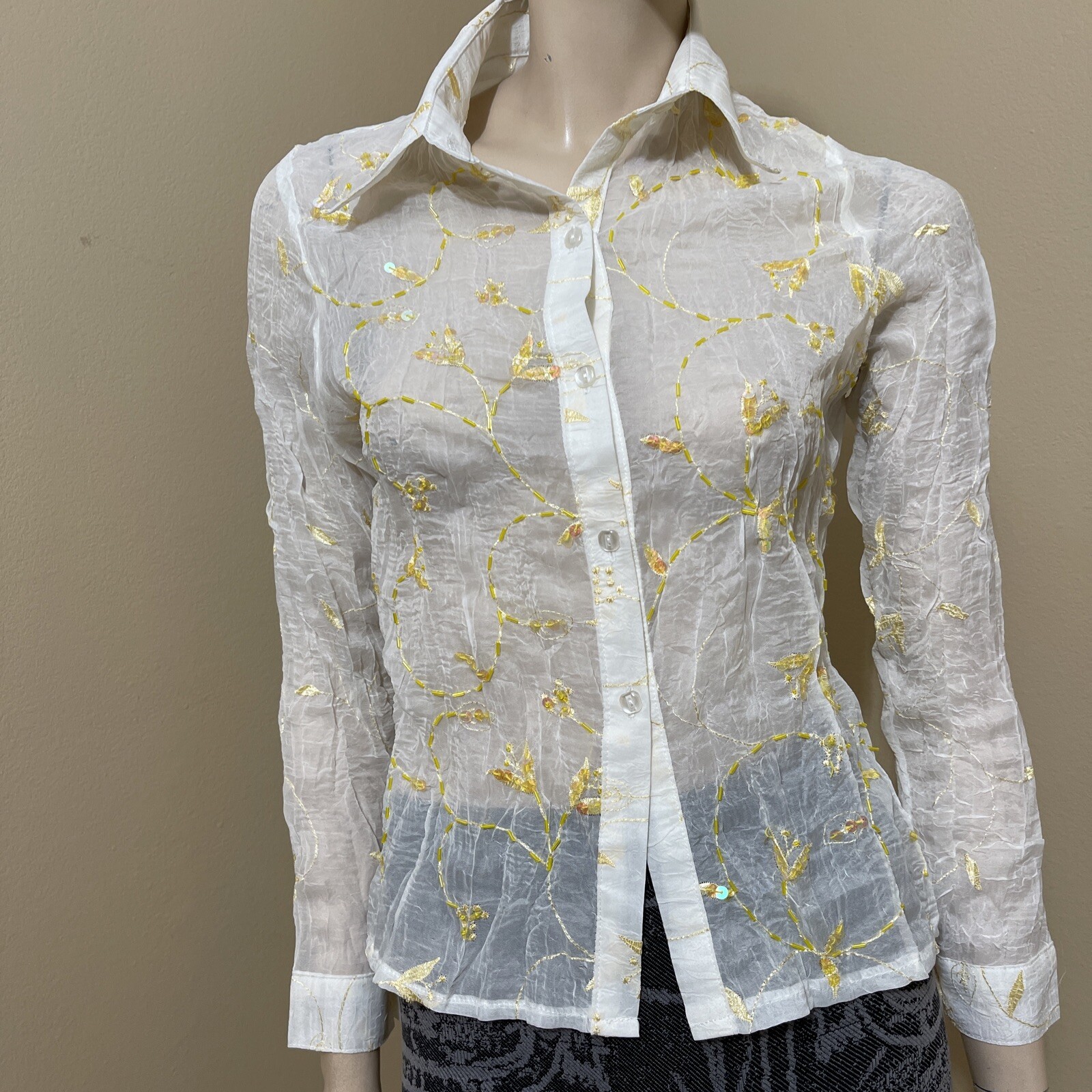 Women’s Ivory Polyester Sheer Yellow Embroidering Beaded Size L Button Up Top