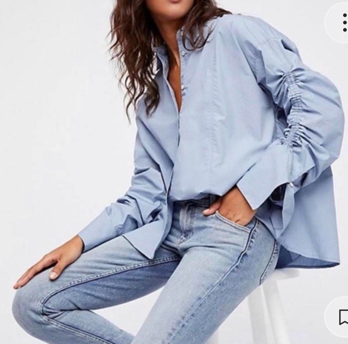 Free People Brown Eyed Girl Poplin Button Up Shirt Ruched Long Sleeve Cotton M