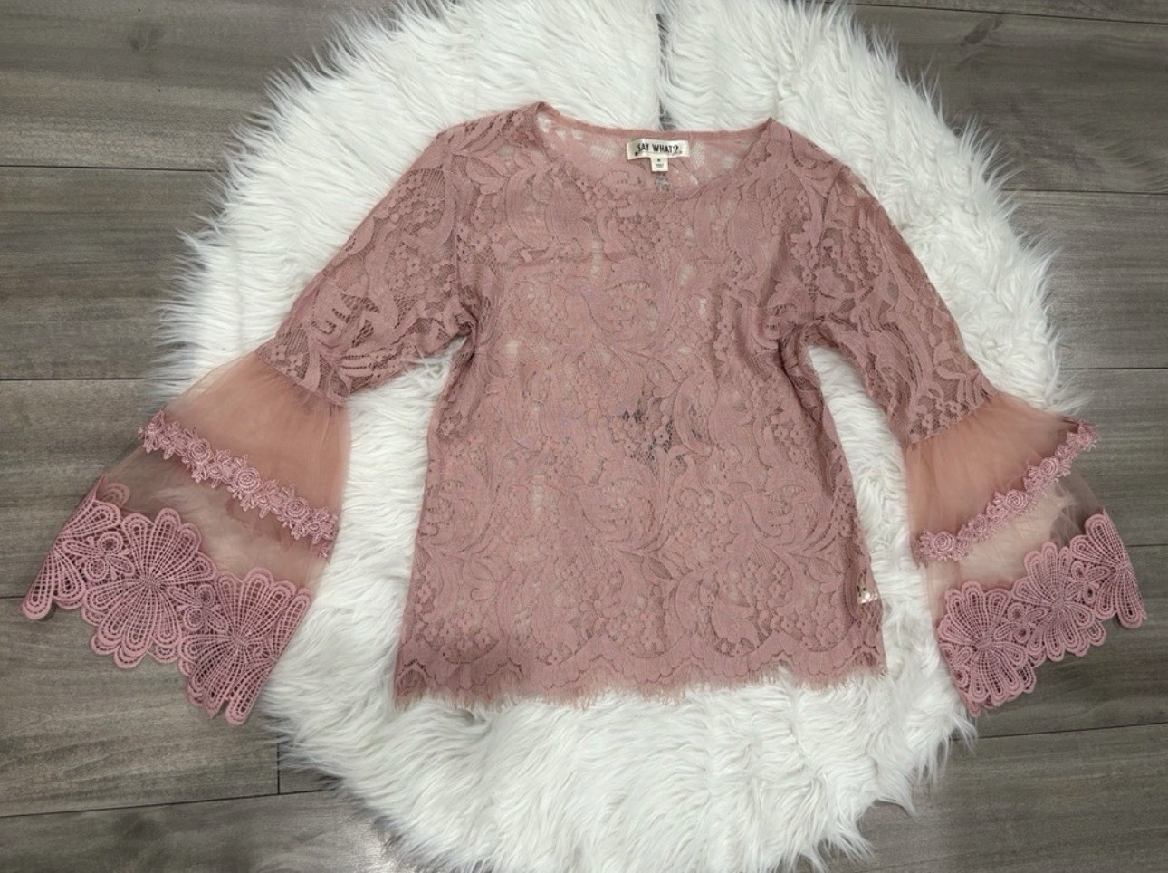 Say What? Pink Floral Lace Sheer Round Neck Bell 3/4 Sleeve Blouse M