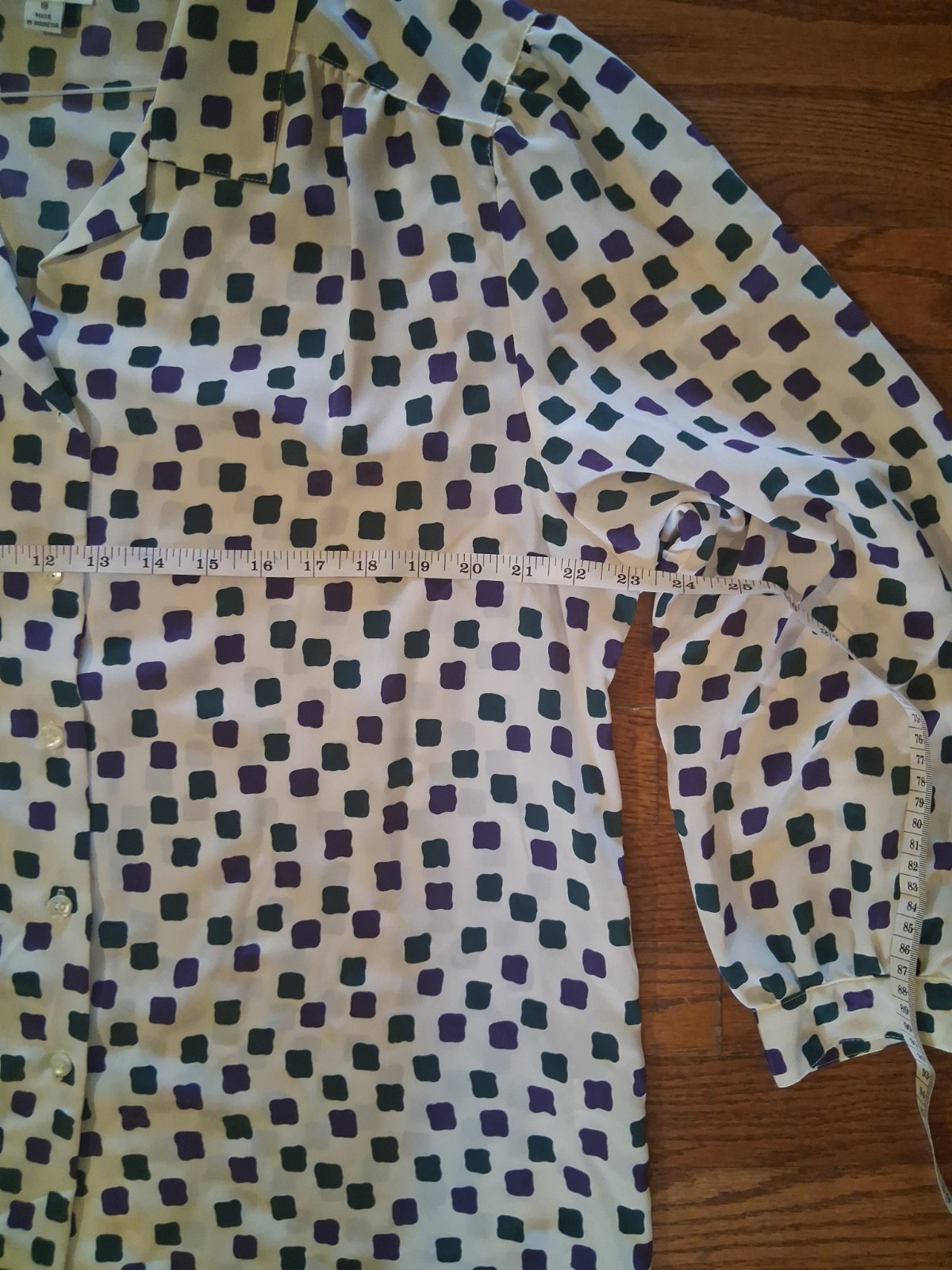 Vintage Leslie Fay Womens Off White Purple And Green Square Print Blouse Size 18