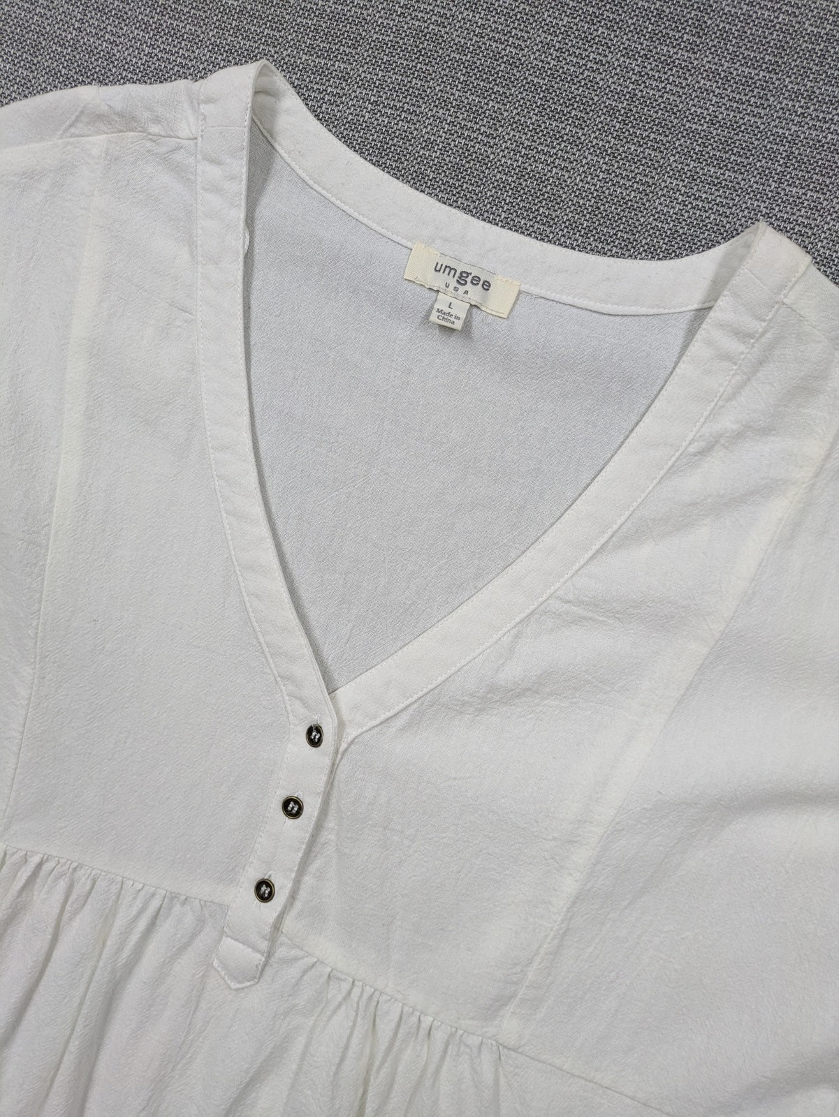 Umgee USA Tunic Blouse Womens Large L White Cotton V Neck Flutter Sleeve Fringe