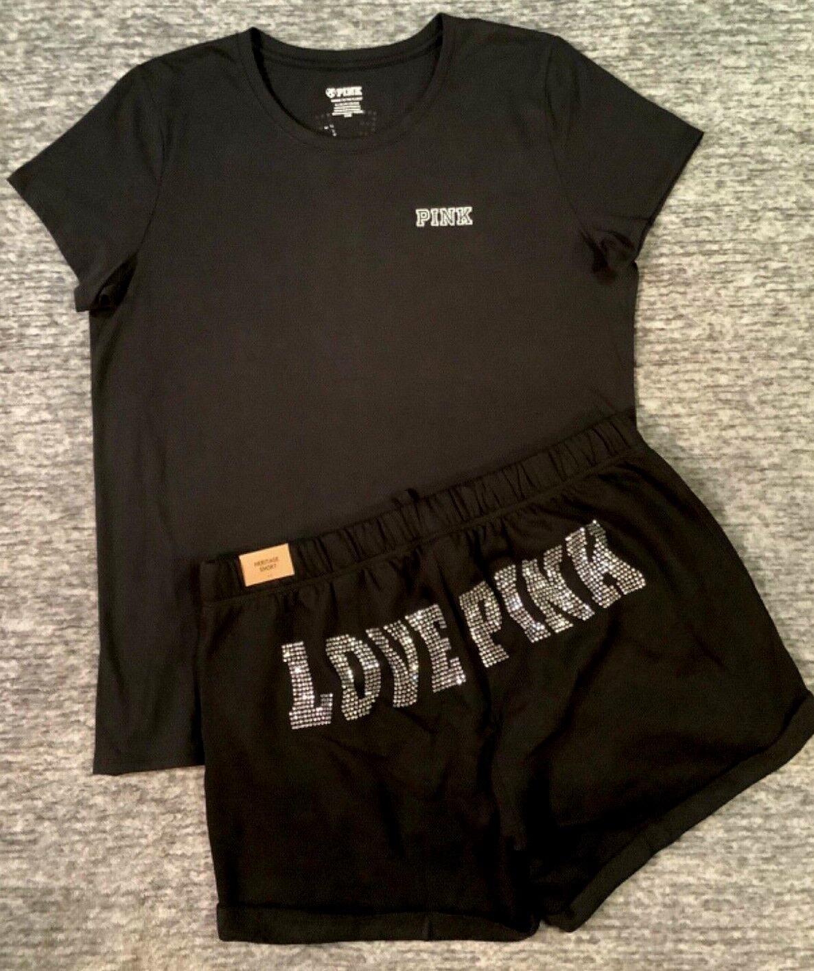 Victoria’s Secret Pink Bling Rhinestone Tee Shirt + Shorts Set Black Silver XL