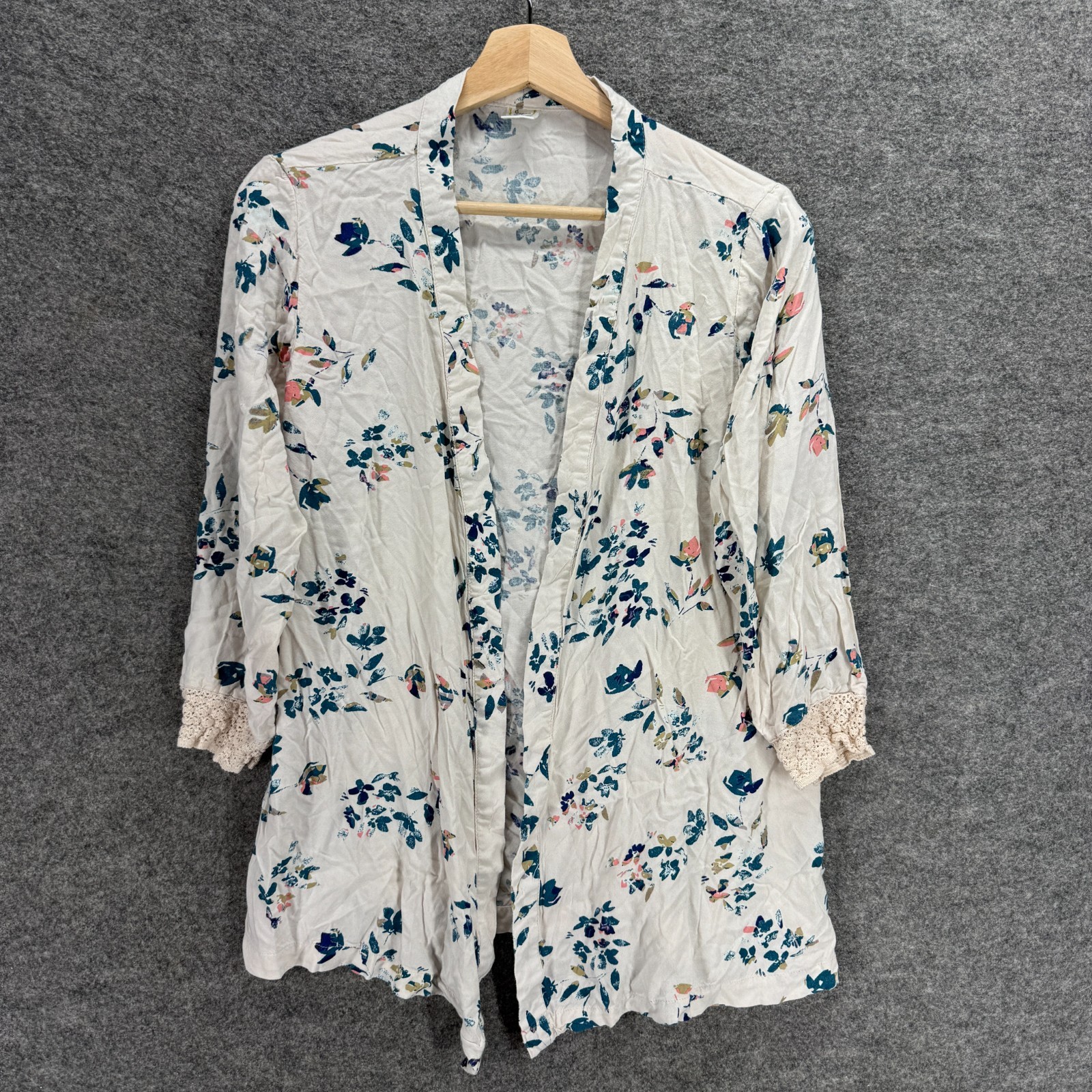 Japna Lounge Top Women L Beige Floral Open Front 3/4 Sleeve Breathable Blouse