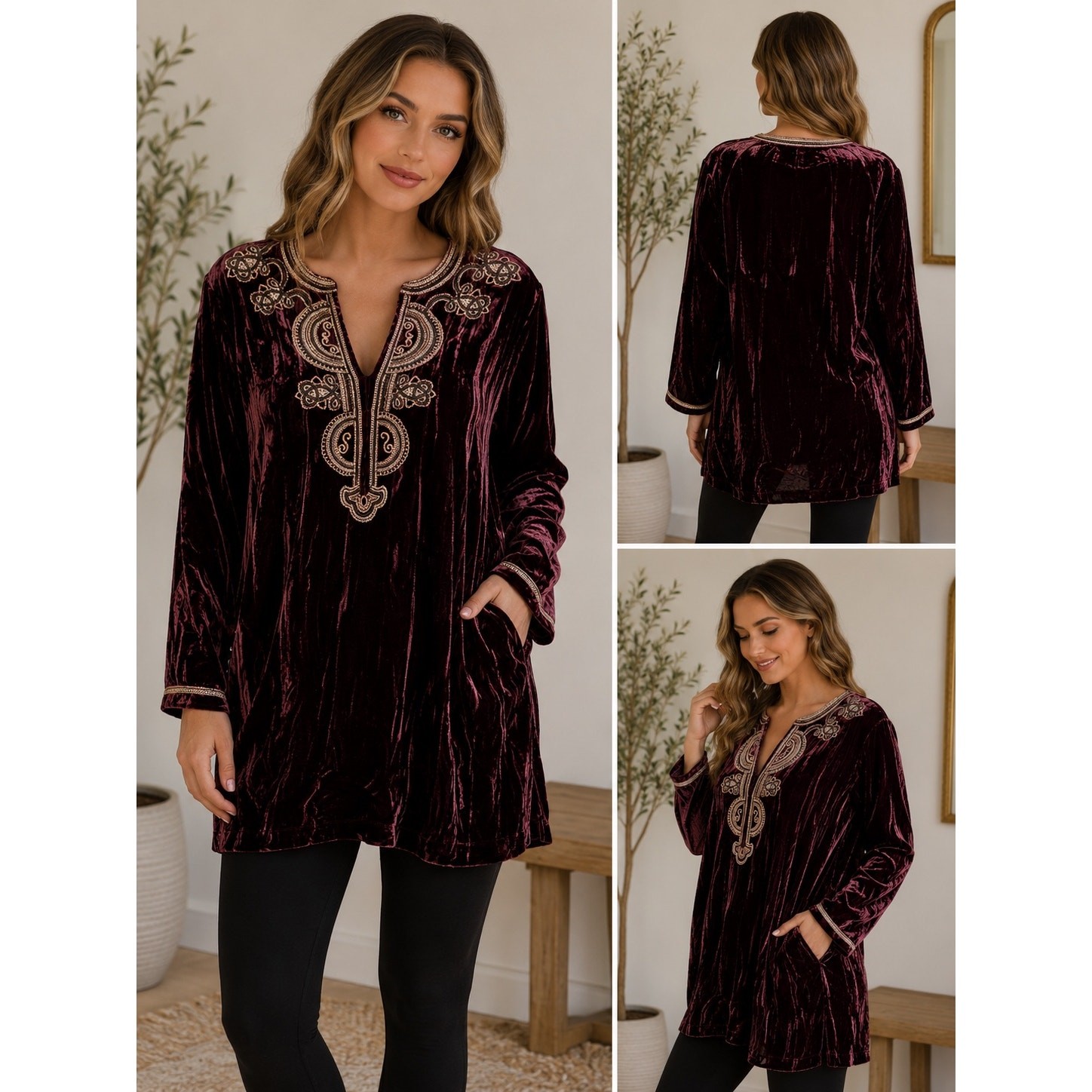 Chico’s Burgundy Silk Blend Velvet Embroidered Tunic Top Beaded Boho Size 2 (L)