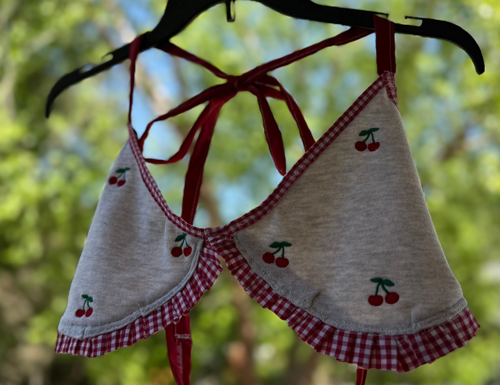Upcycled Triangle Halter Bikini Shape Top Cherry Print Red Summer Festival Wear