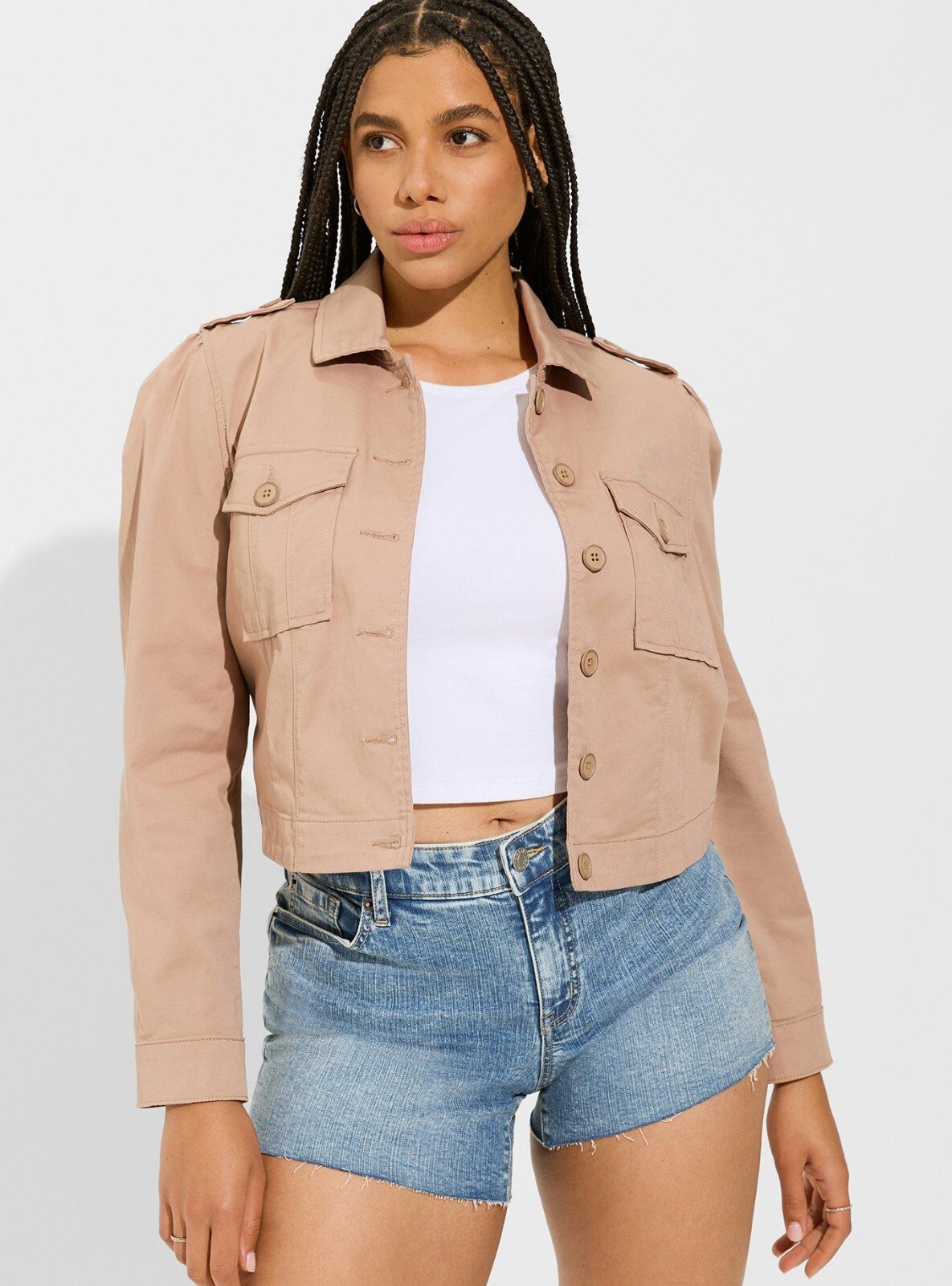 Torrid Plus 2X Cropped Lightweight Cotton Twill Trucker Jacket Pockets Khaki NWT