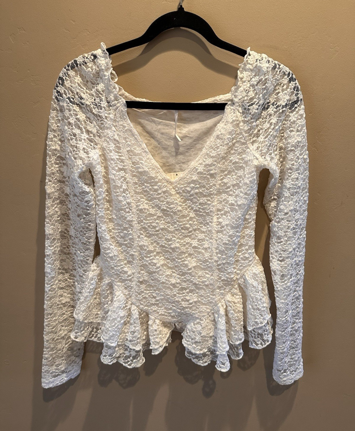 Free People Ivory Floral Lace V-Neck Peplum Ruffle Blouse Long Sleeve S