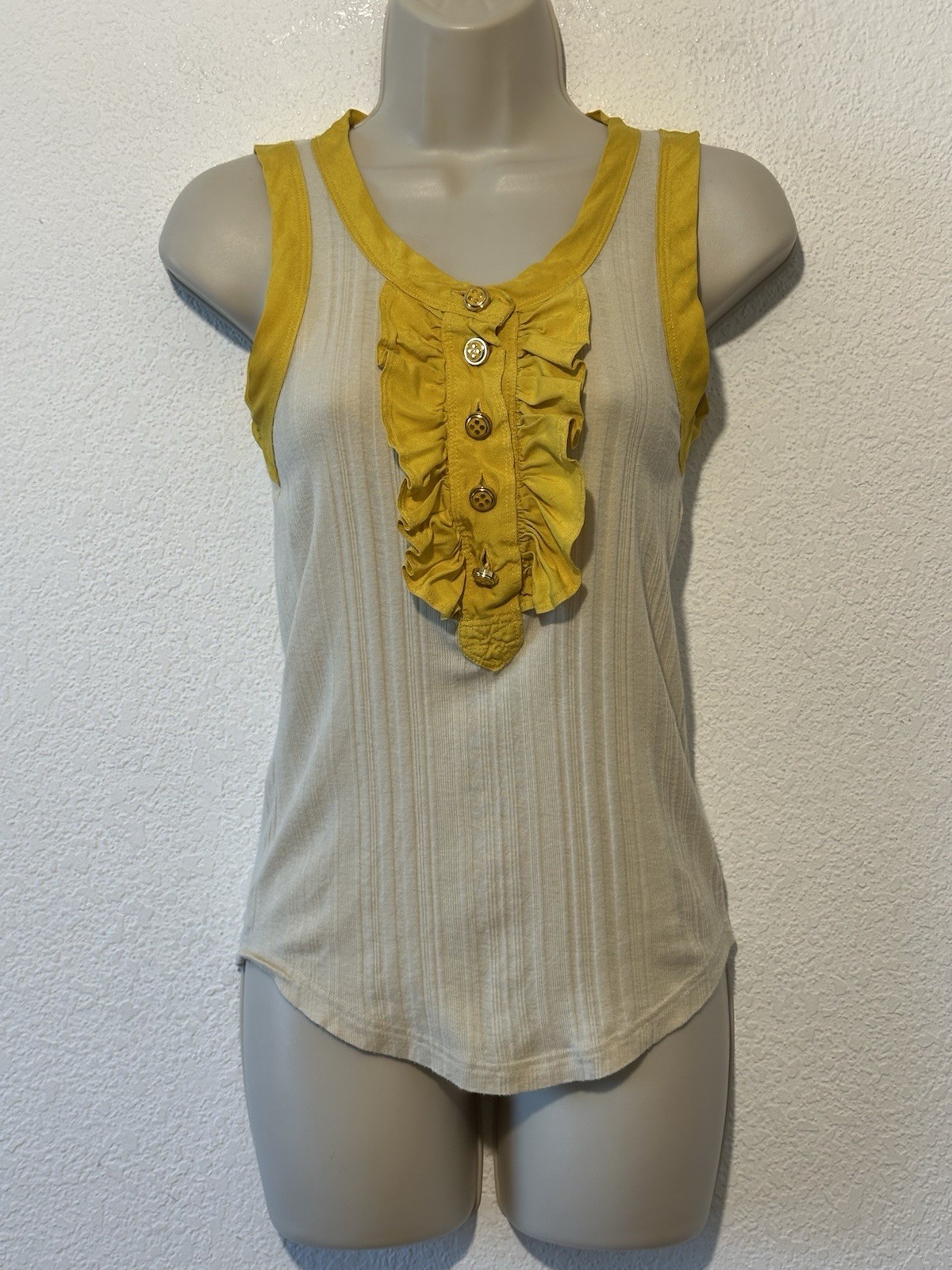 Marc by Marc Jacobs Women Beige Rib Knit Sleeveless Yellow Ruffle Blouse Sz M