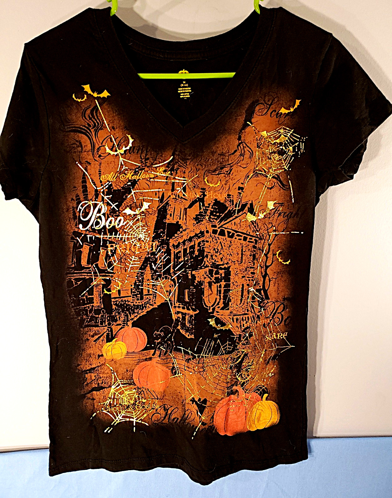 All Halloween Eve Gold Foil T Shirt Multi-Graphic Ghoul & Goblins Womens M