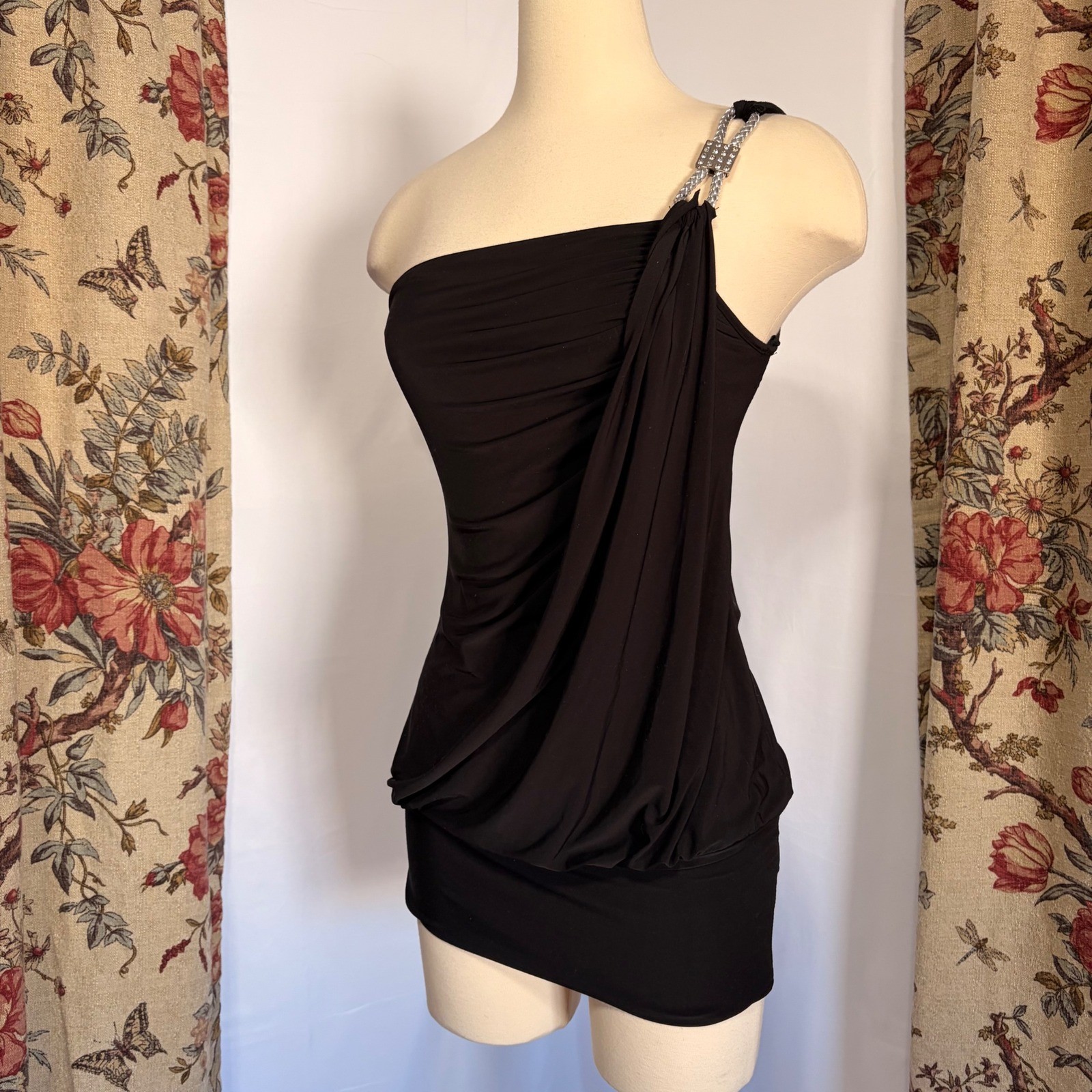 Gracie Black One Shoulder draped bubble shaped minidress/top with rhinestone