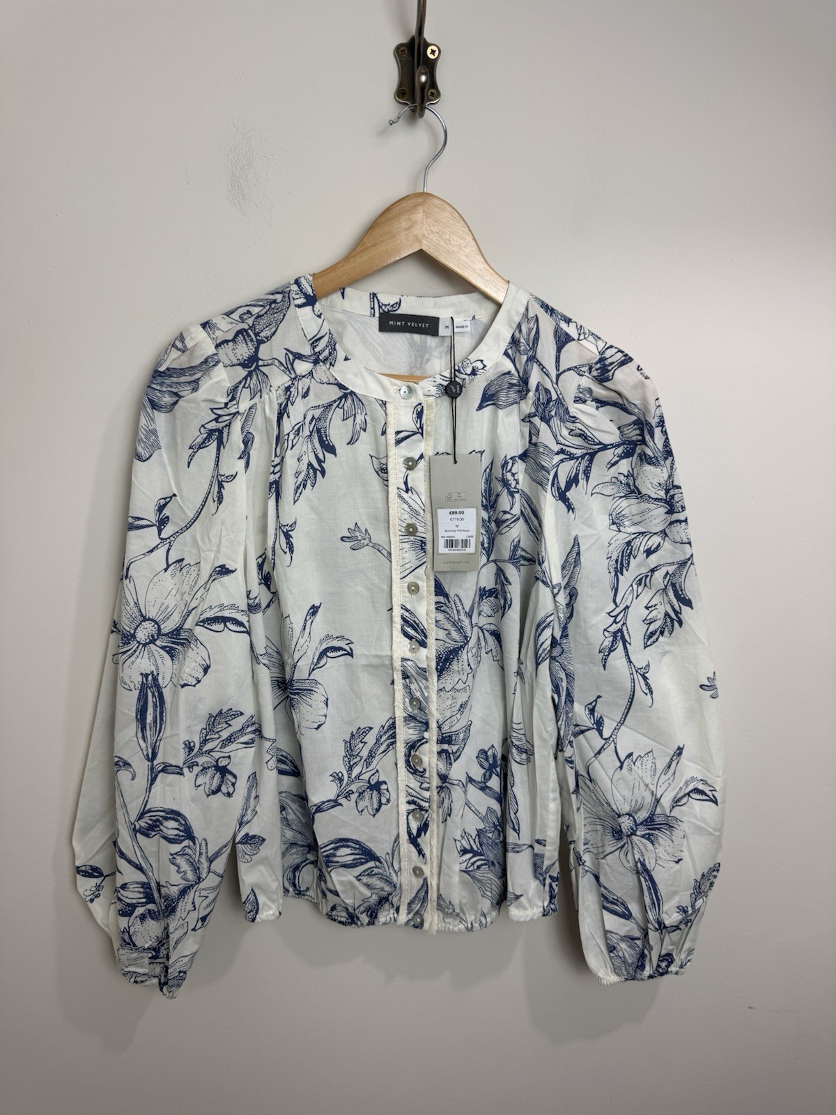 Mint Velvet Blue Floral Cotton Blouse Top Size M Feminine Fringed RRP £89