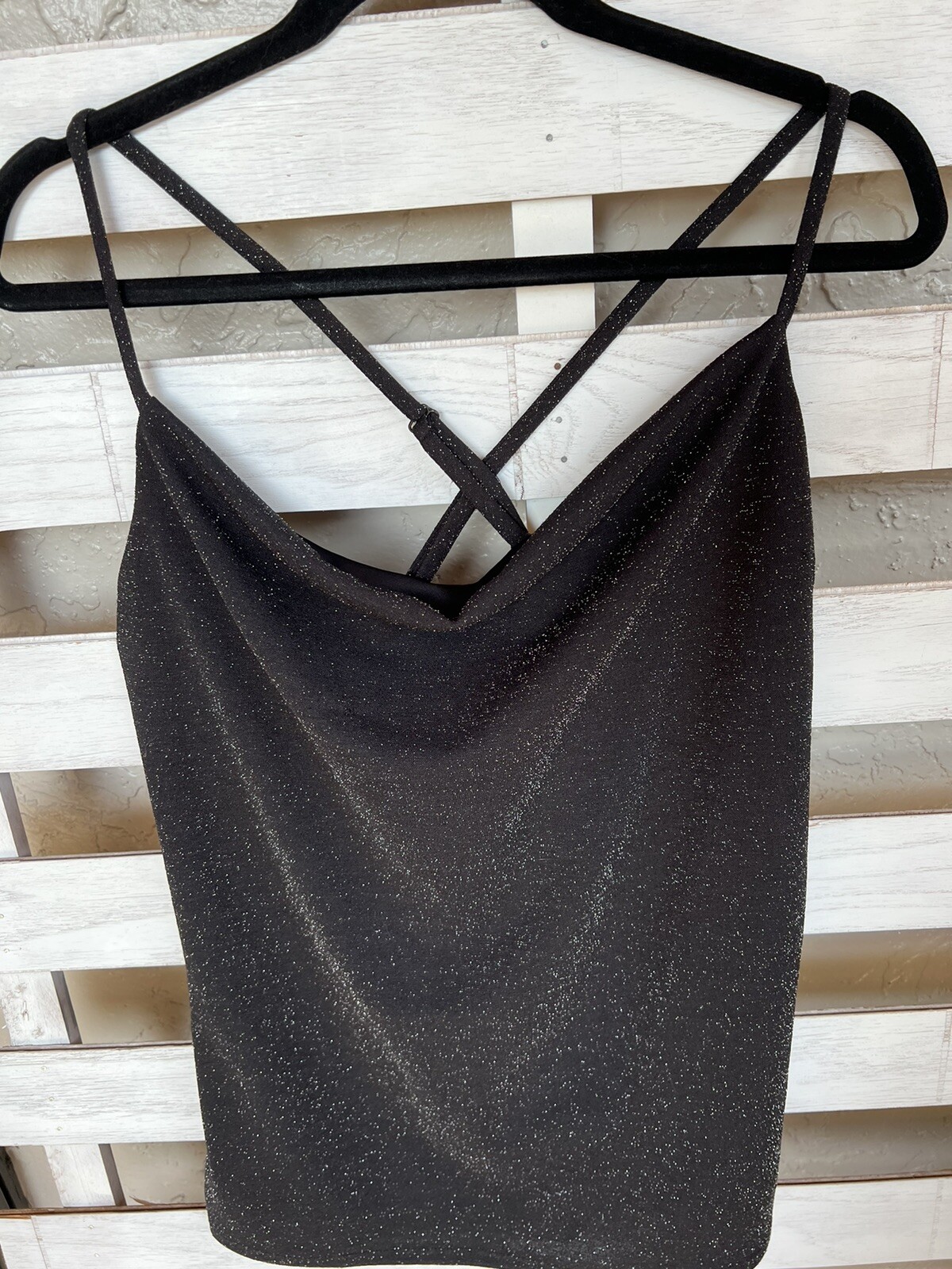 Kaileigh Womens Vanessa Back Cross Shiny Metallic Black Knit Stretch Top L