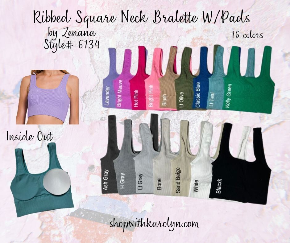 Zenana Ribbed Padded Bralette Brami Square Neck Crop top S-XL 16 colors 6134